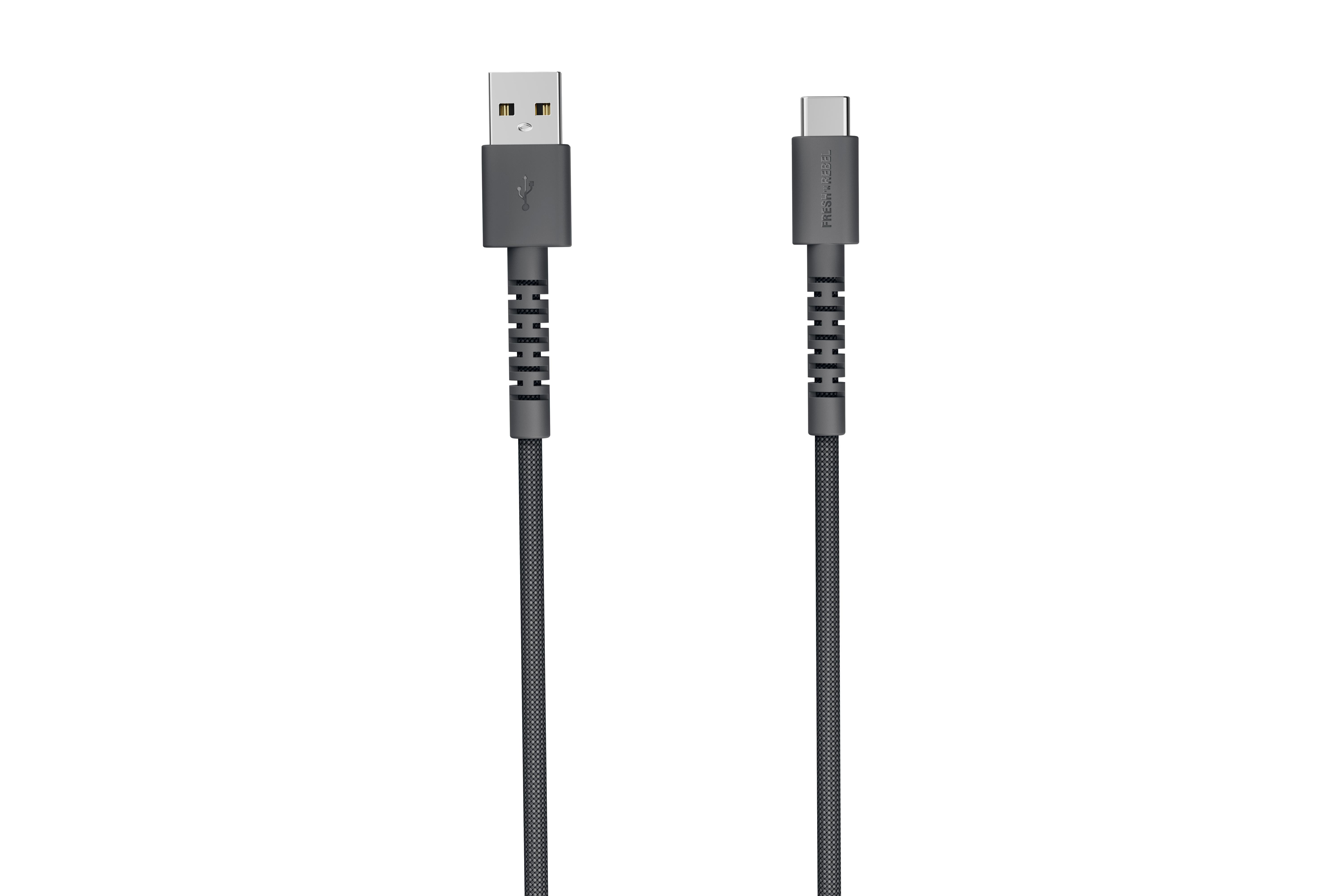 Grauer USB-A-zu-USB-C-Kabel mit geflochtenem Mantel.