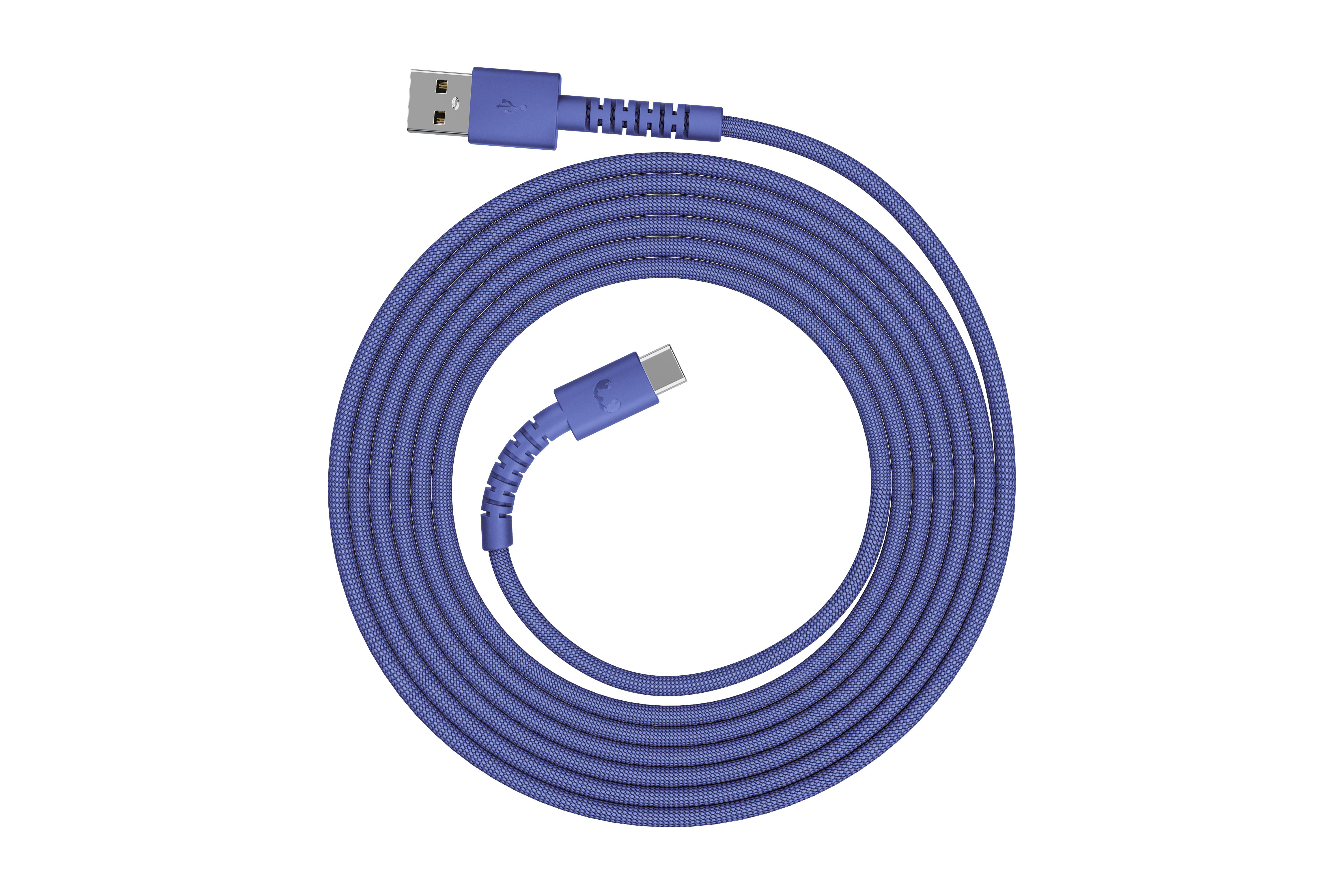 Ein blaues USB-A zu USB-C Kabel, aufgerollt auf weißem Hintergrund.