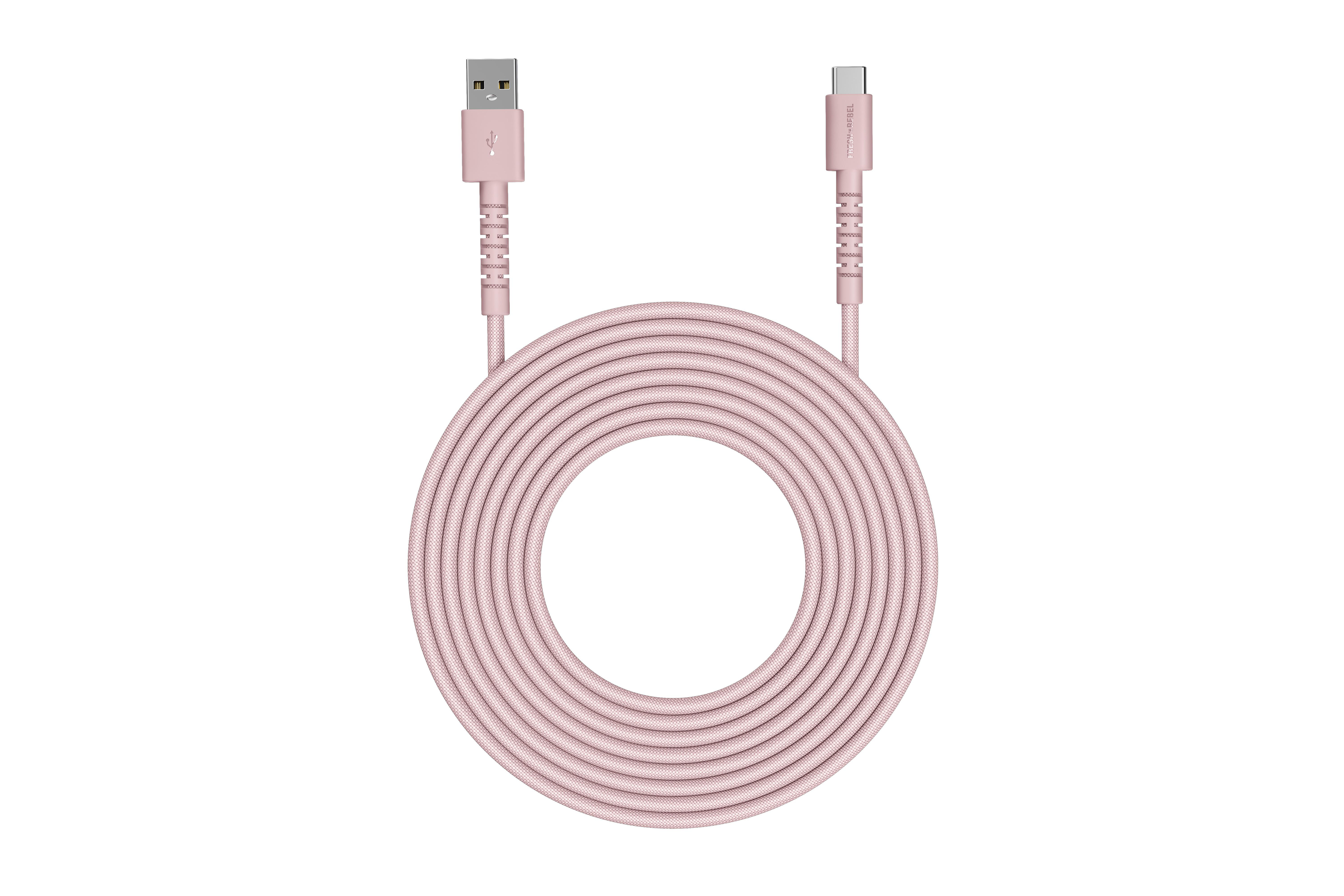 Ein rosa USB-A zu USB-C Kabel, aufgewickelt auf einem weißen Hintergrund.