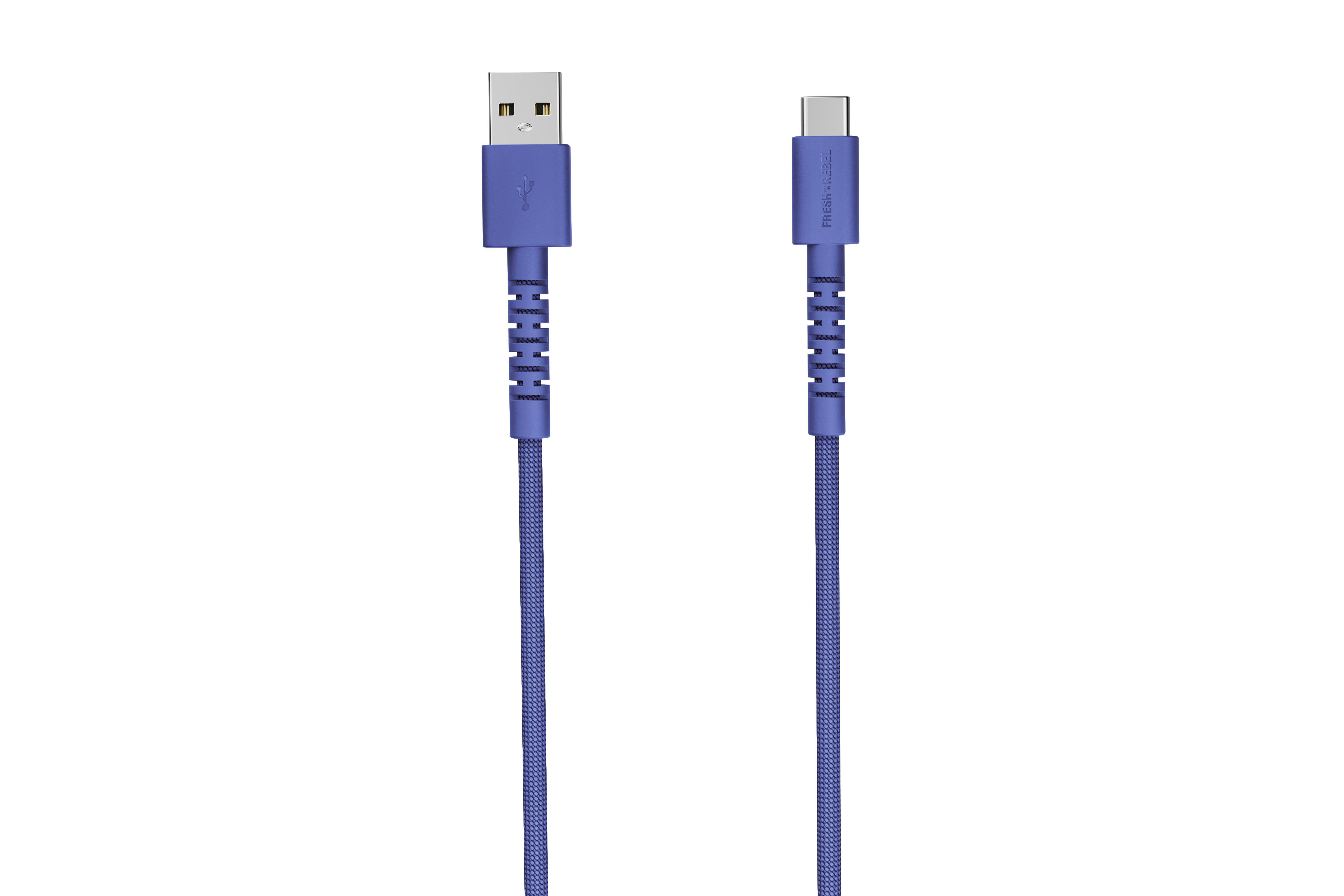 Ein blauer USB-A-zu-USB-C-Ladekabel mit silbernen Anschlüssen.
