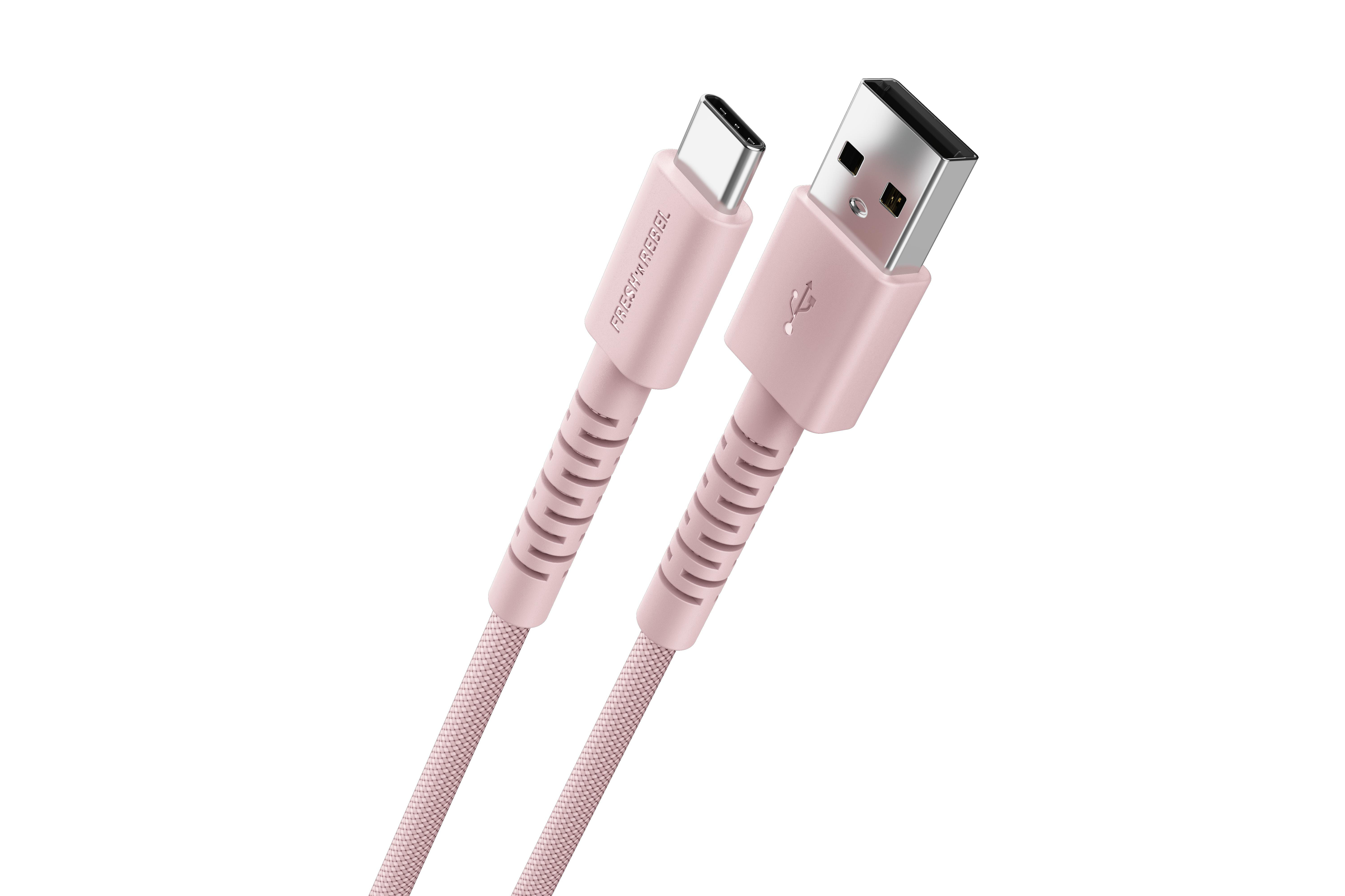 Ein rosafarbener USB-A-zu-USB-C-Kabel mit Textur.