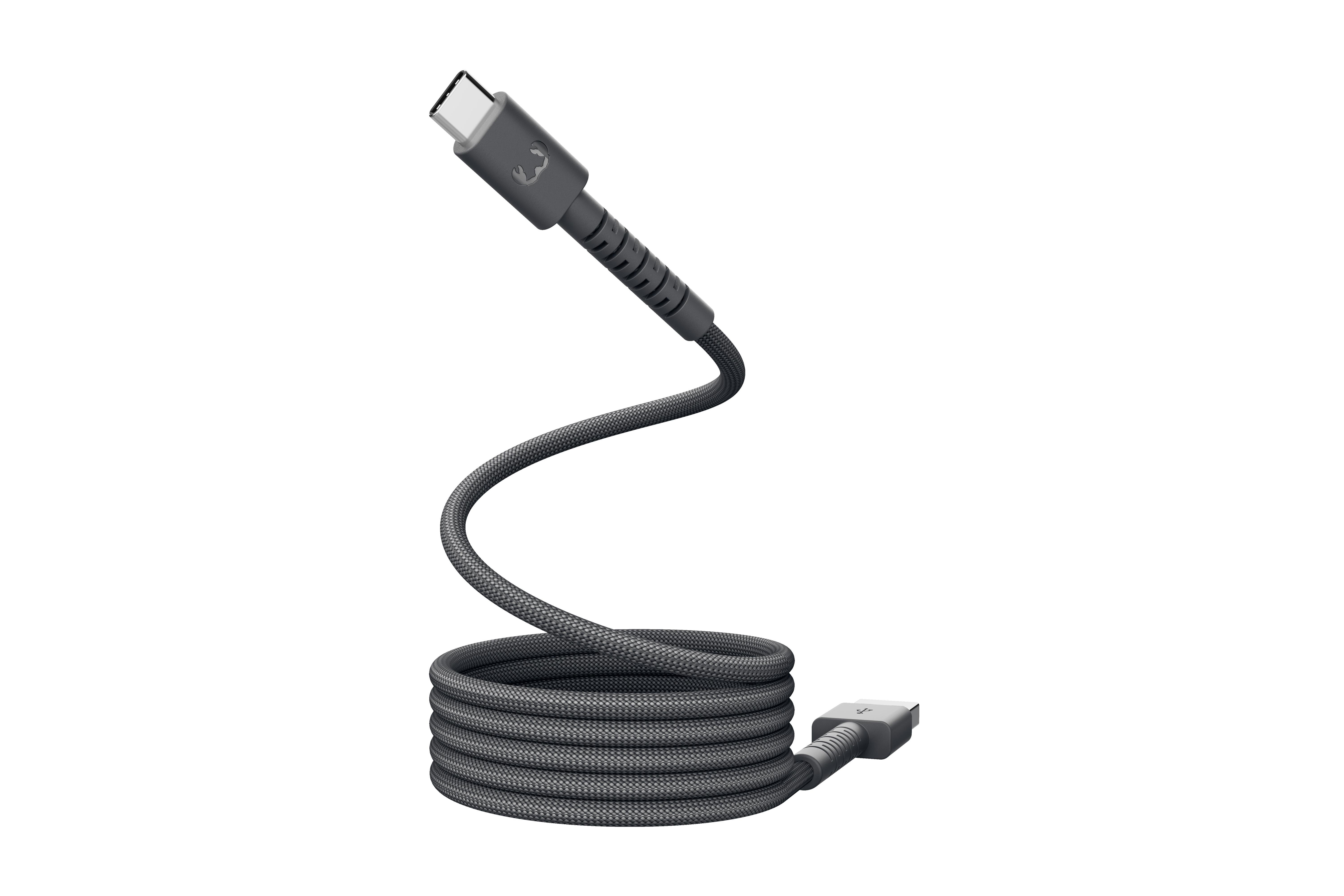 Ein graues USB-C-Kabel mit geflochtenem Mantel, aufgerollt und mit einem Stecker.