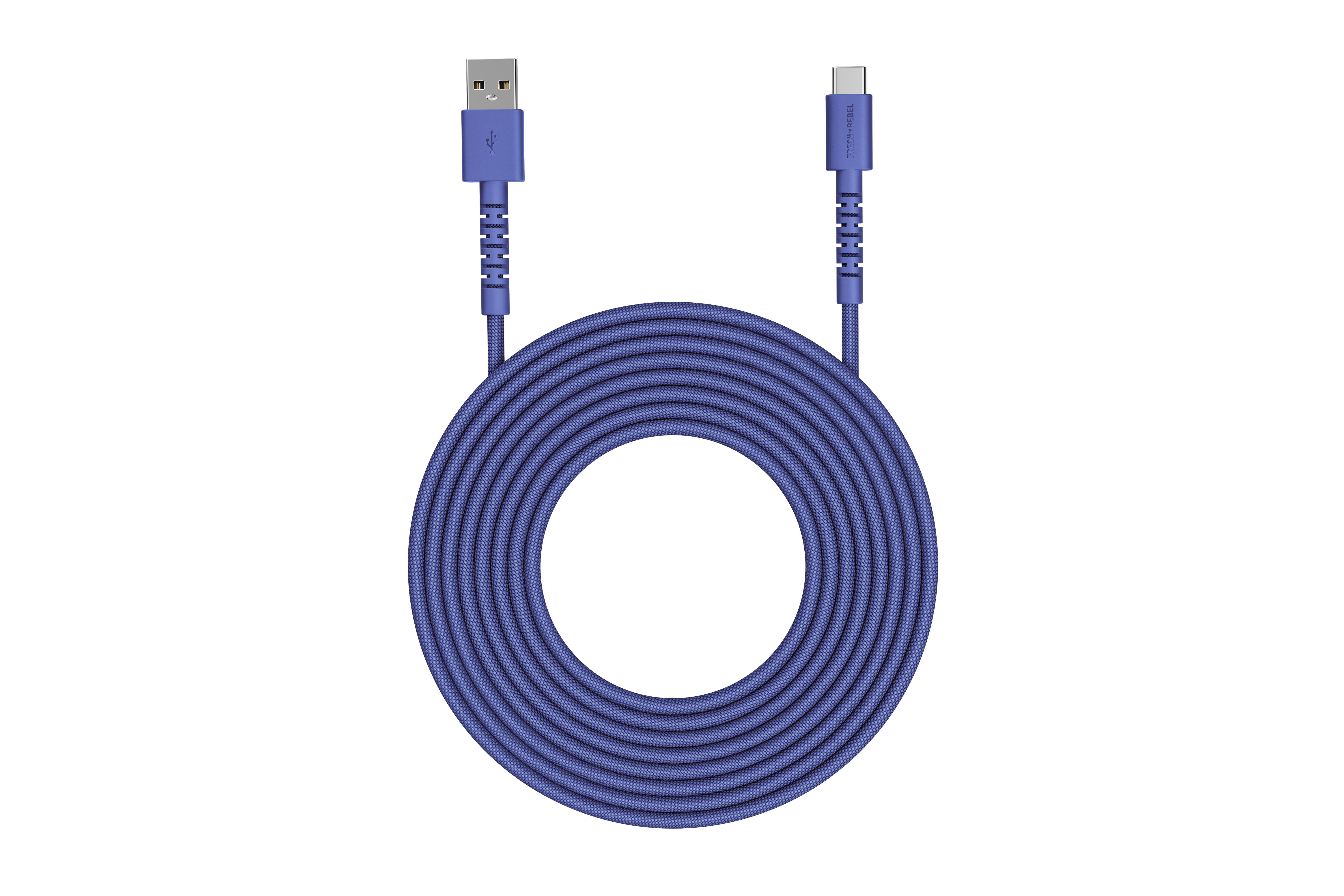 Ein blaues USB-A zu USB-C Kabel, aufgerollt, mit silbernen Anschlüssen.