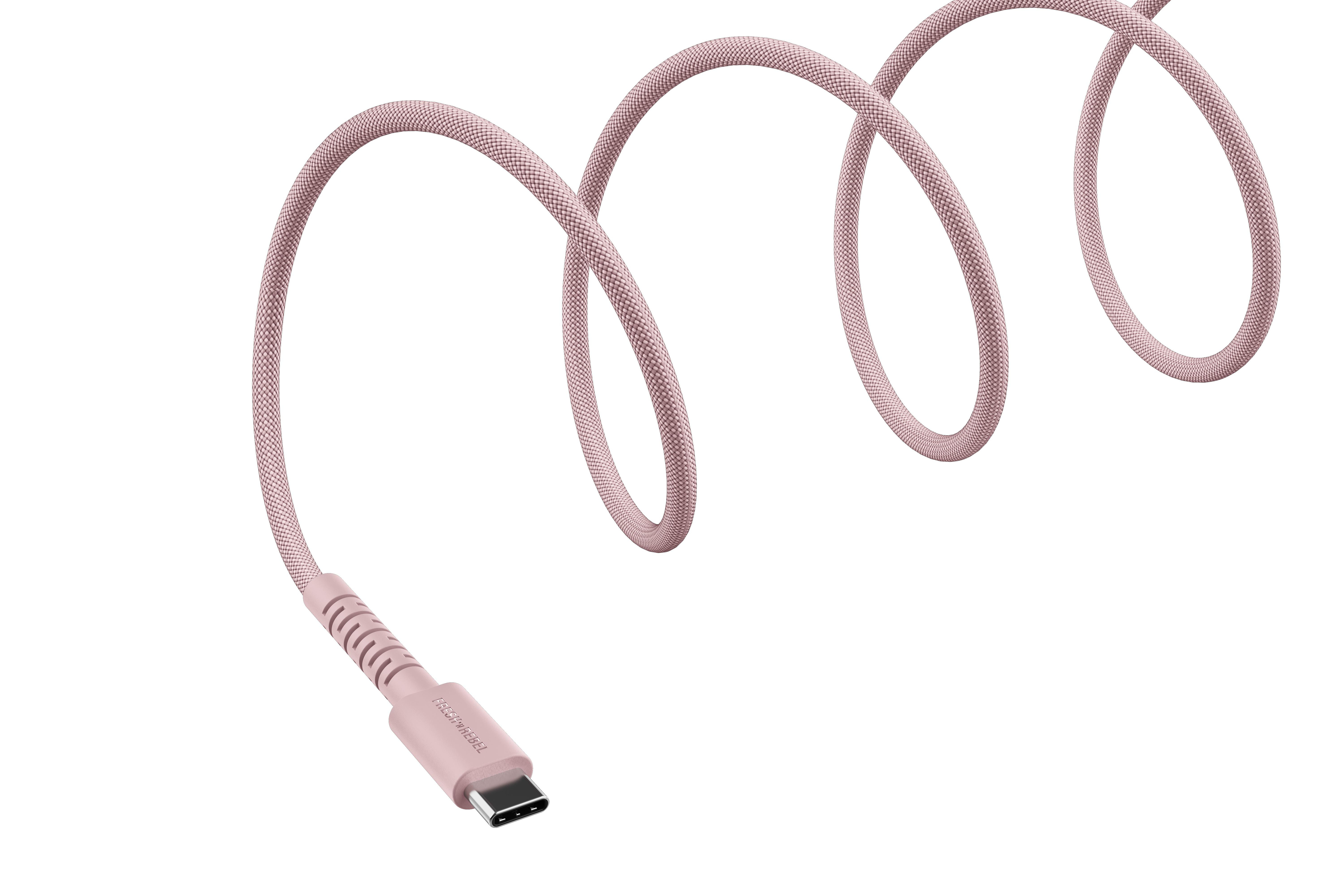 Ein rosafarbener USB-C-Ladekabel mit gewickeltem Kabel und weißem Hintergrund.