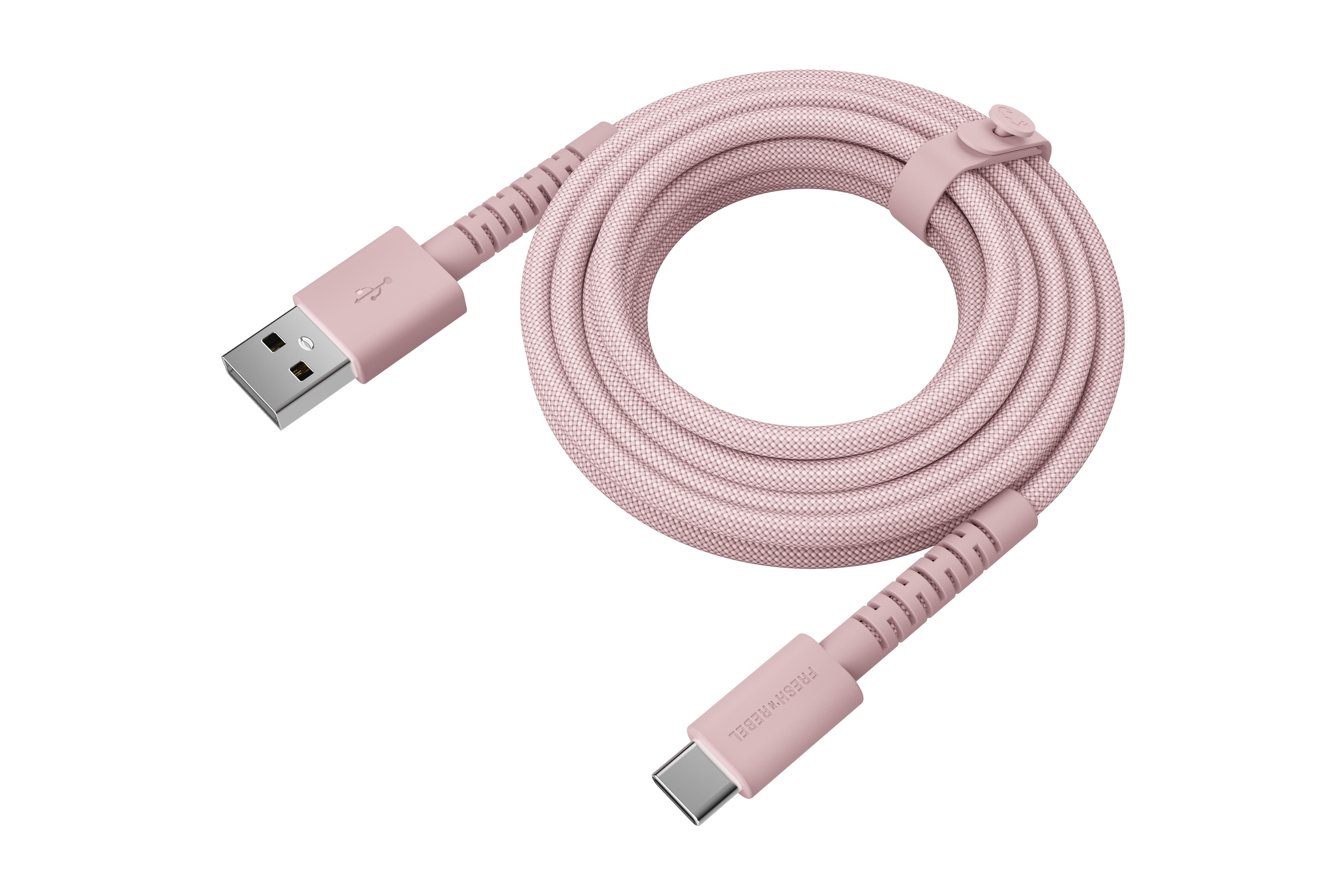 Ein rosafarbenes USB-A-zu-USB-C-Kabel mit Stoffummantelung und einem Klettverschluss.