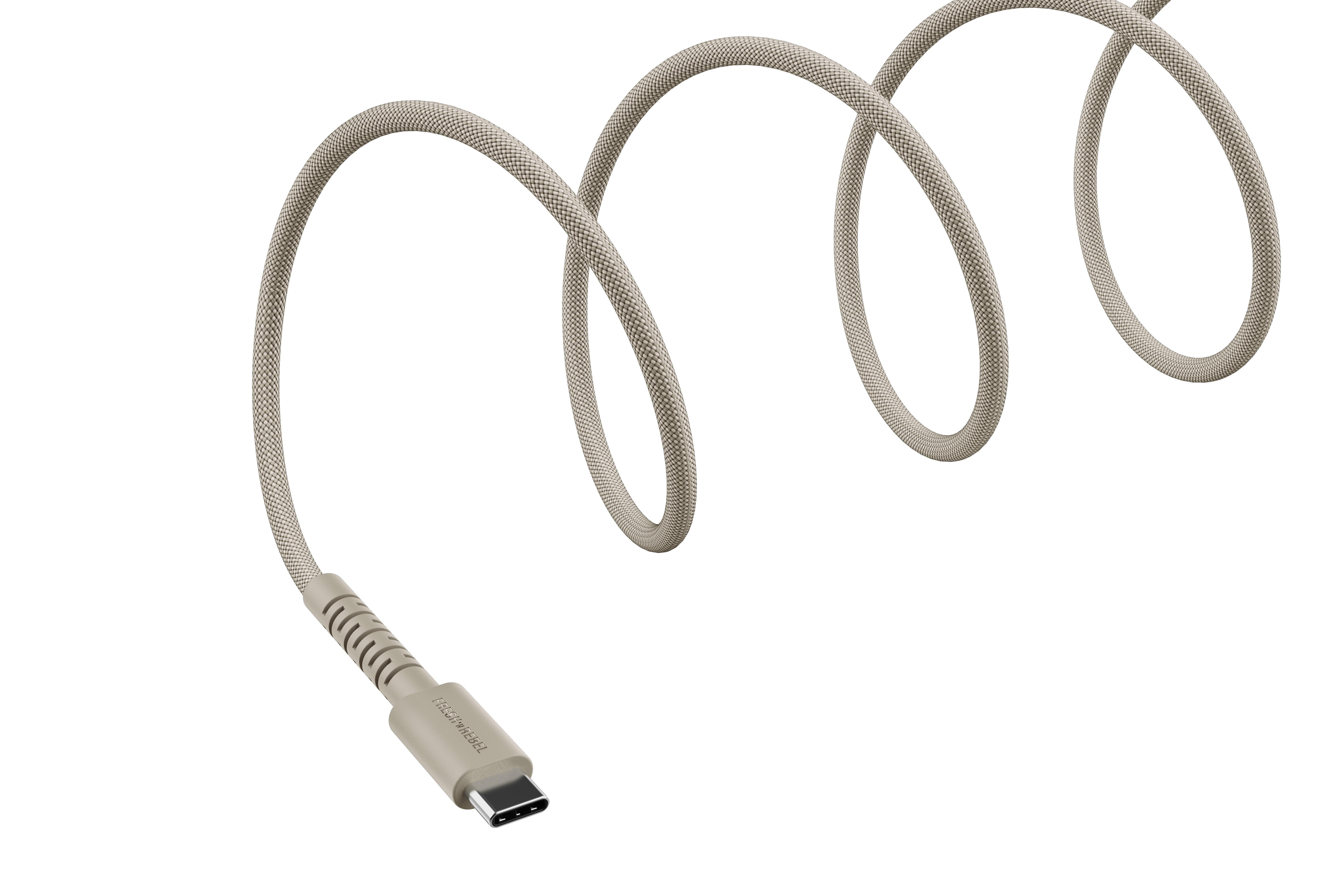 Ein beiges USB-C-Kabel mit geflochtenem Mantel und einem USB-C-Anschluss.