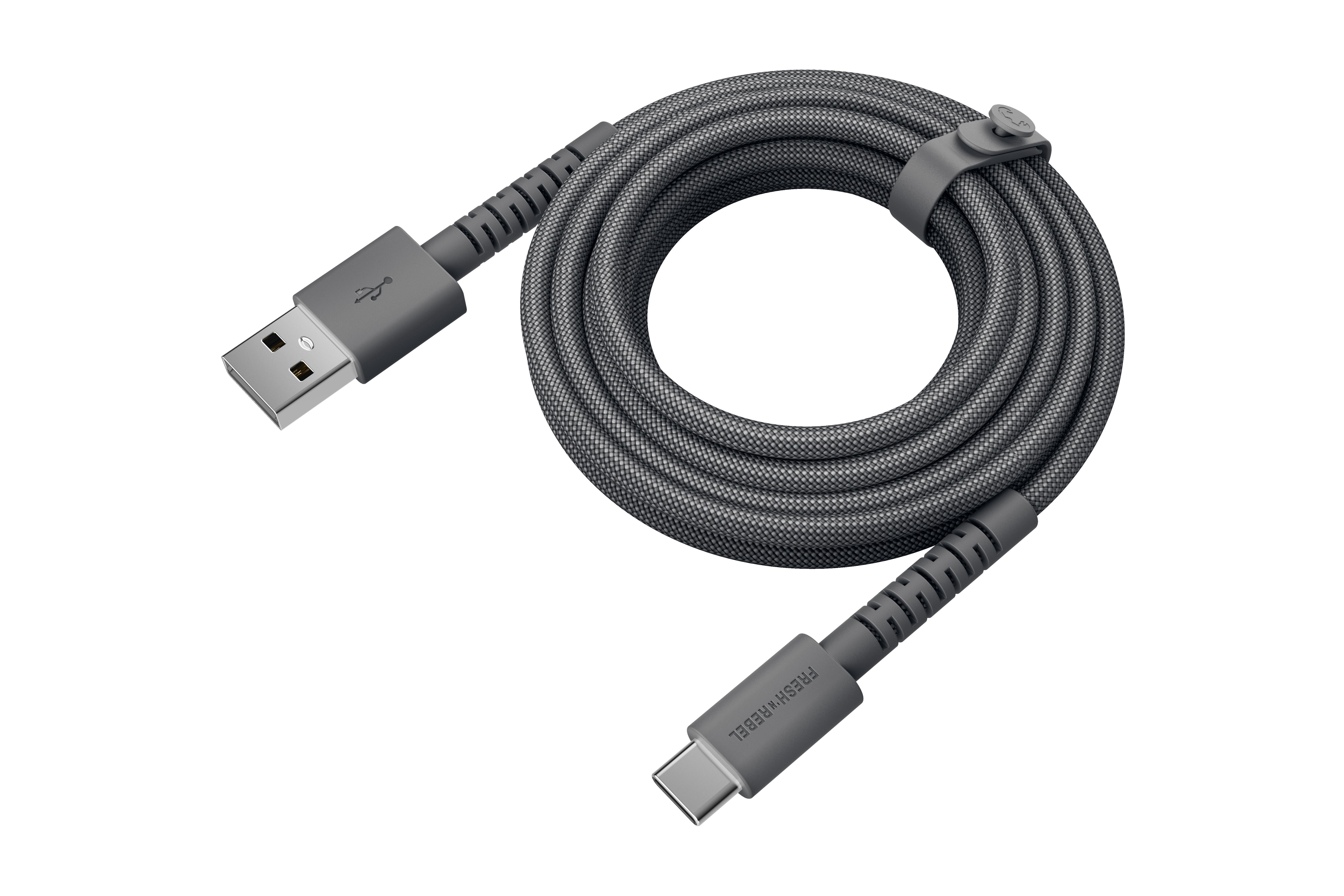 Graues USB-C-Kabel mit USB-A-Anschluss und Klettverschluss.