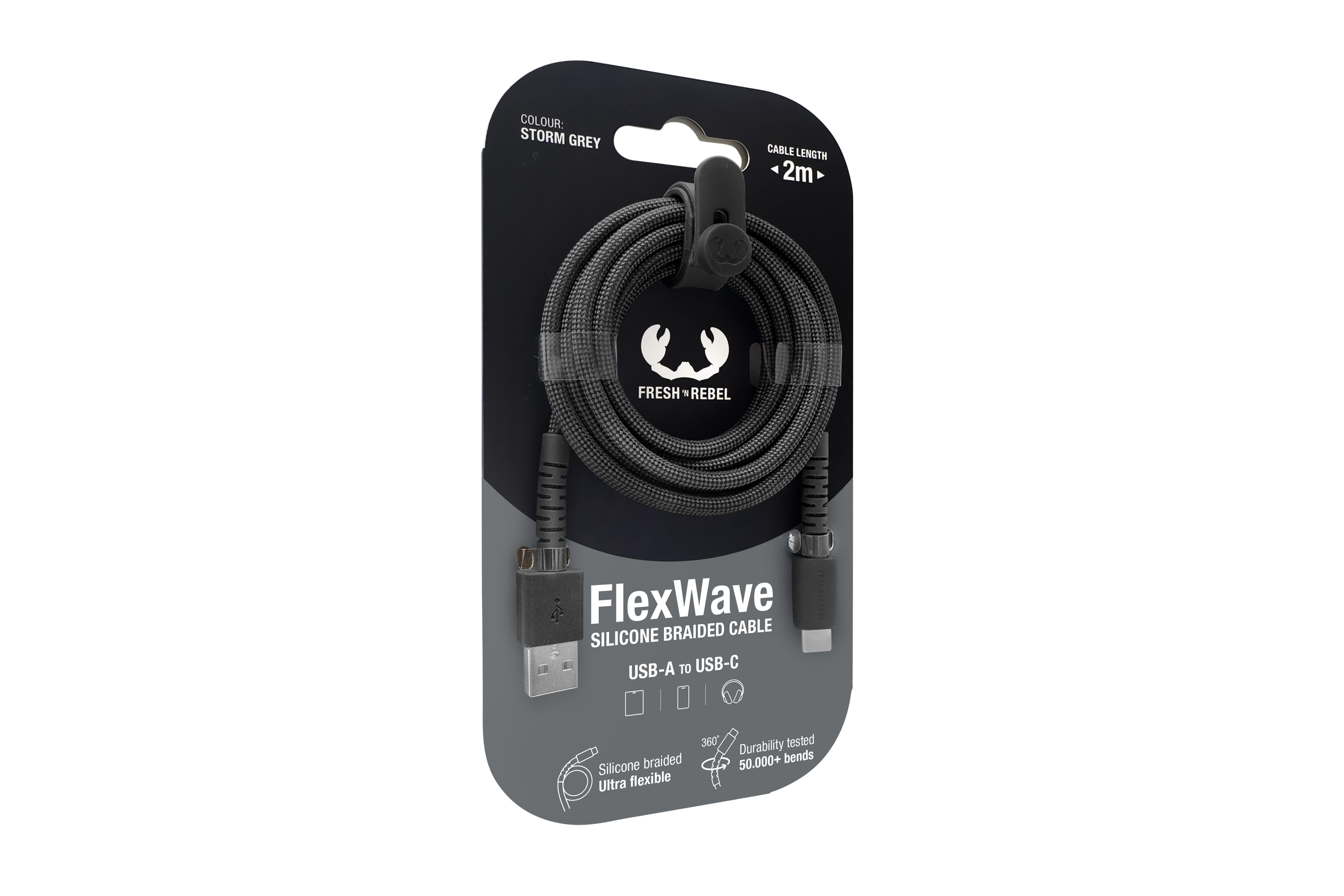 Verpacktes graues USB-A auf USB-C-Kabel mit Silikongeflecht.