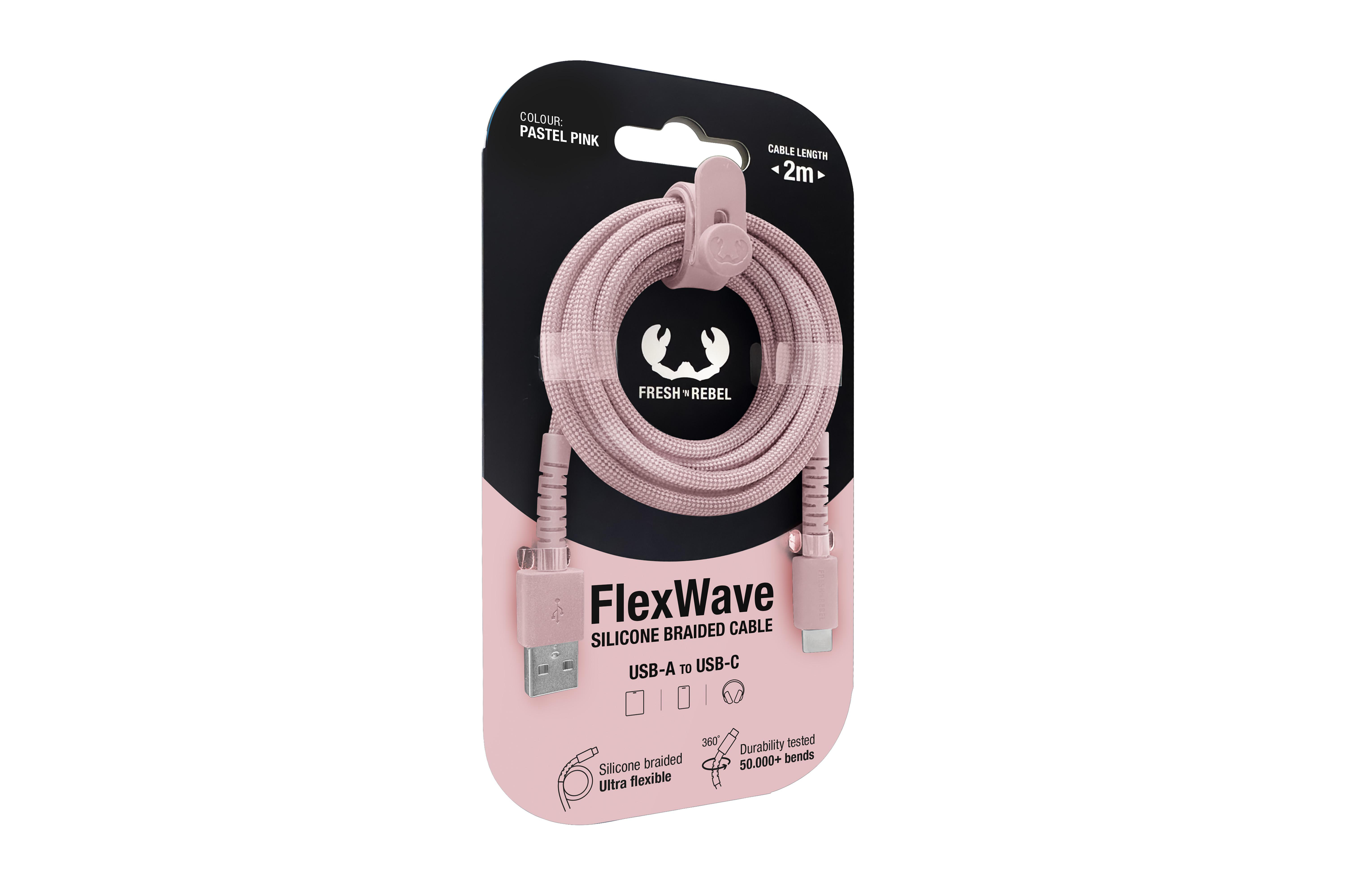 Verpackung für ein pastellfarbenes USB-A-zu-USB-C-Kabel mit 2m Länge.