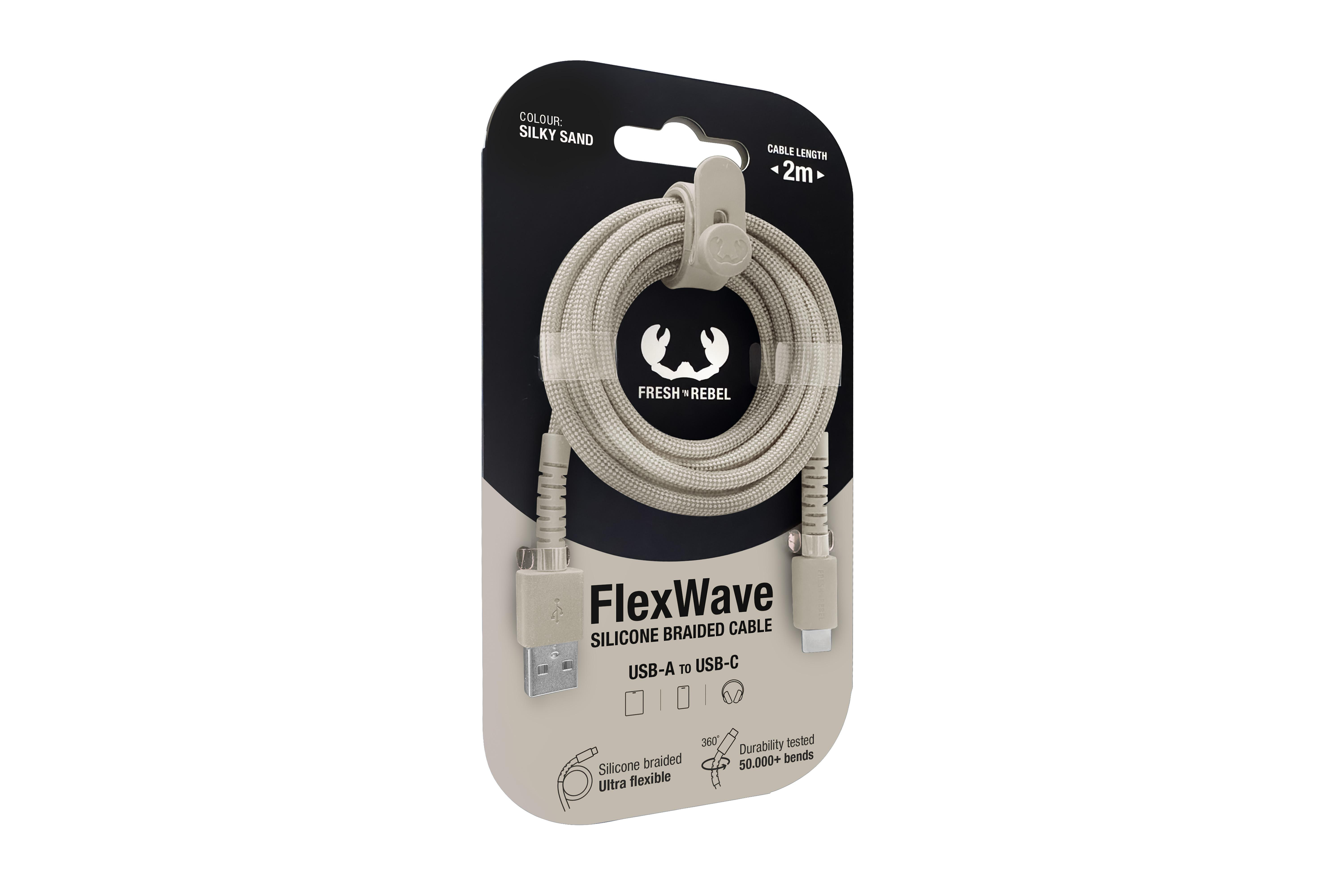 Verpacktes, sandfarbenes USB-A zu USB-C-Kabel mit 2m Länge.