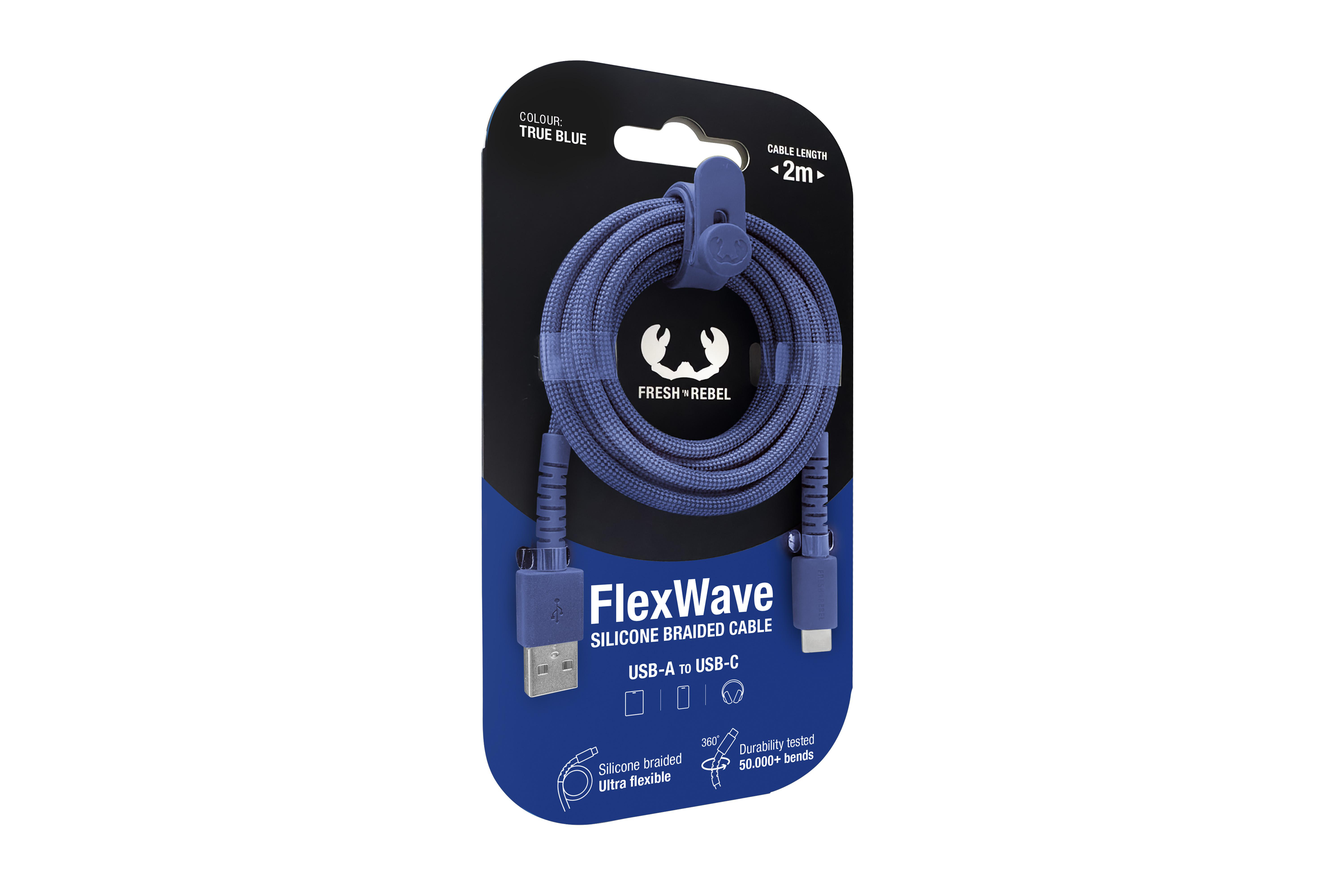 Verpackung eines blauen USB-A zu USB-C Kabels mit dem Logo 'Fresh n Rebel'.