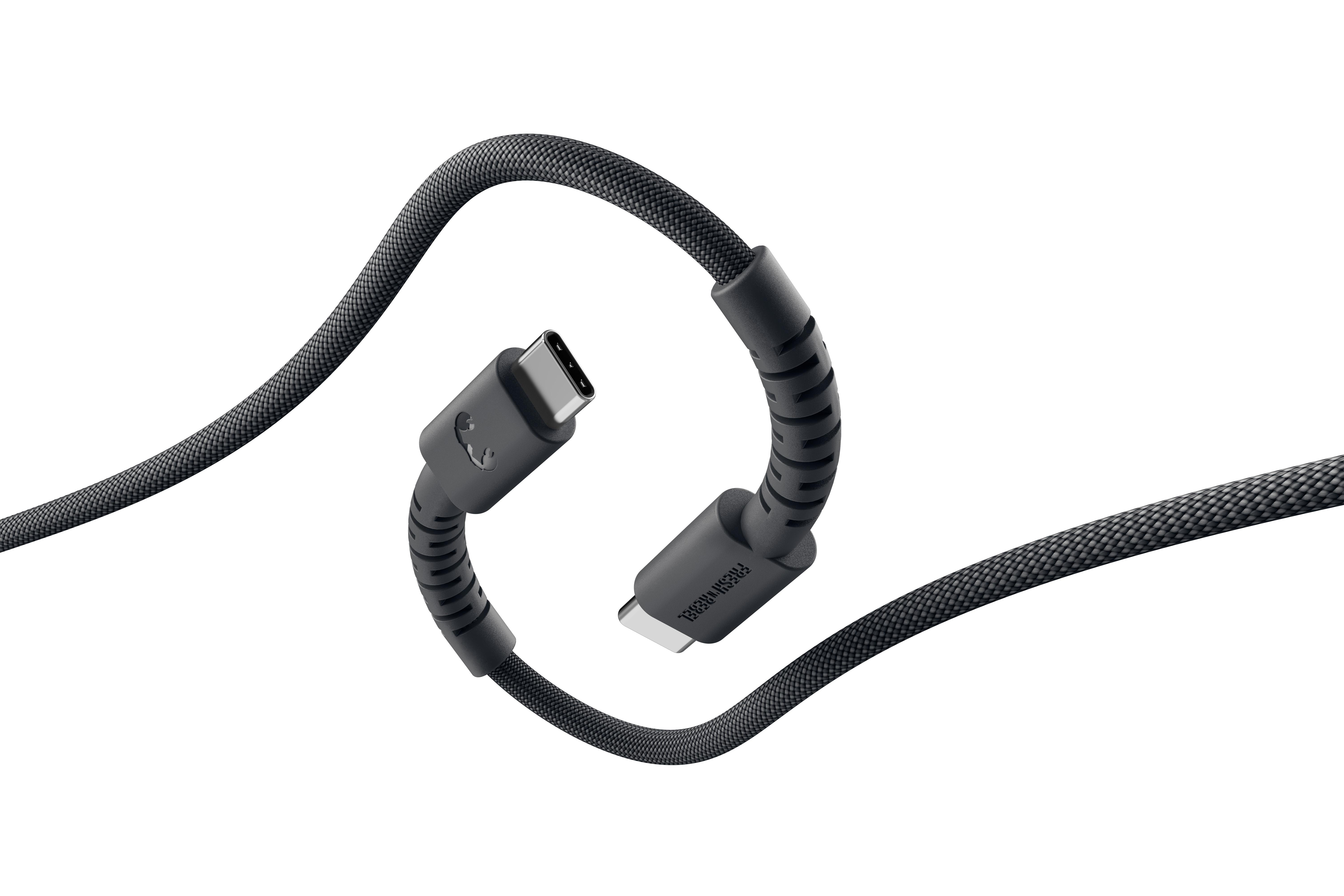Ein schwarzes USB-C-Kabel mit geflochtenem Gewebe und zwei Anschlüssen.