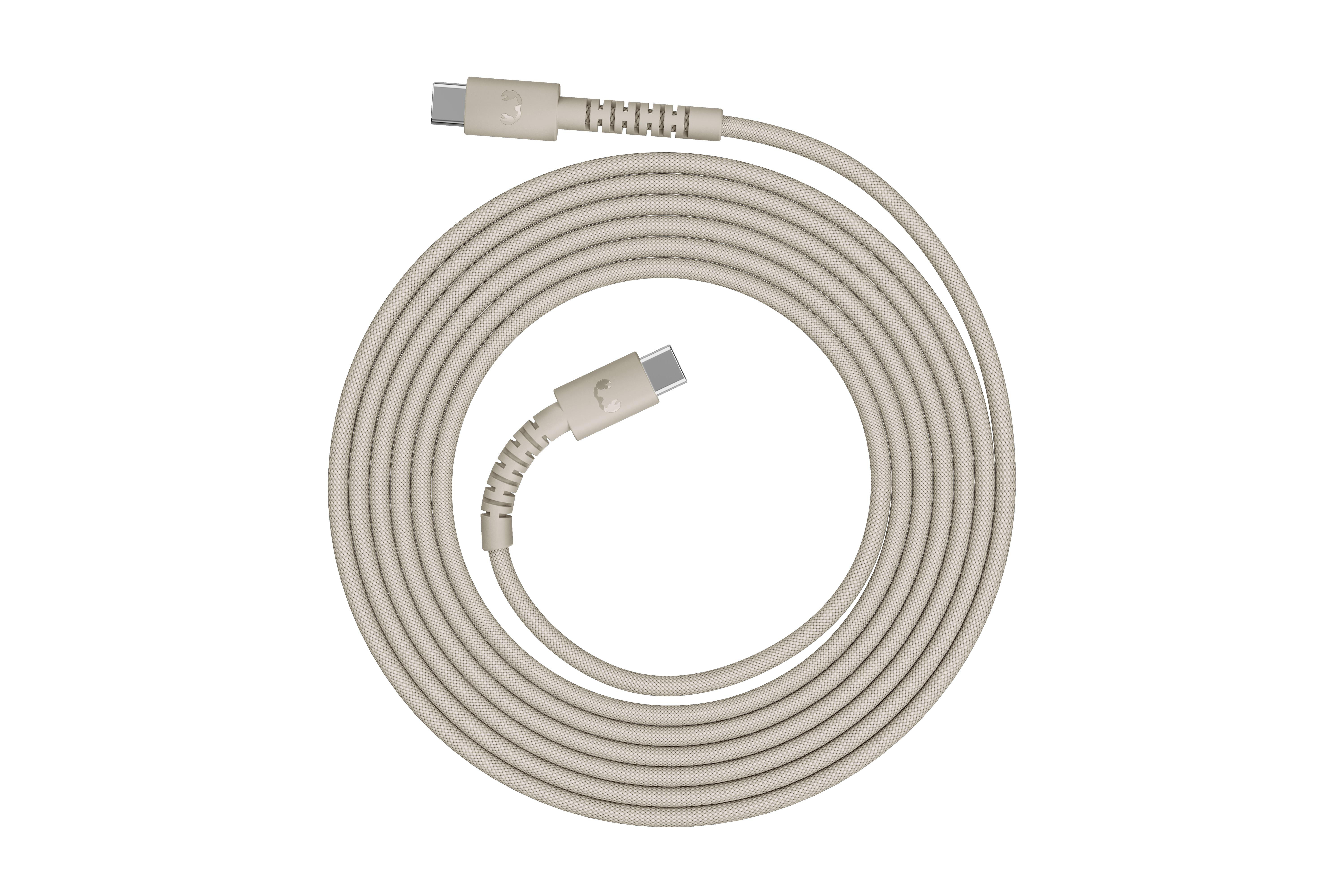 Ein beigefarbenes USB-C-Kabel, aufgerollt, mit zwei Anschlüssen.