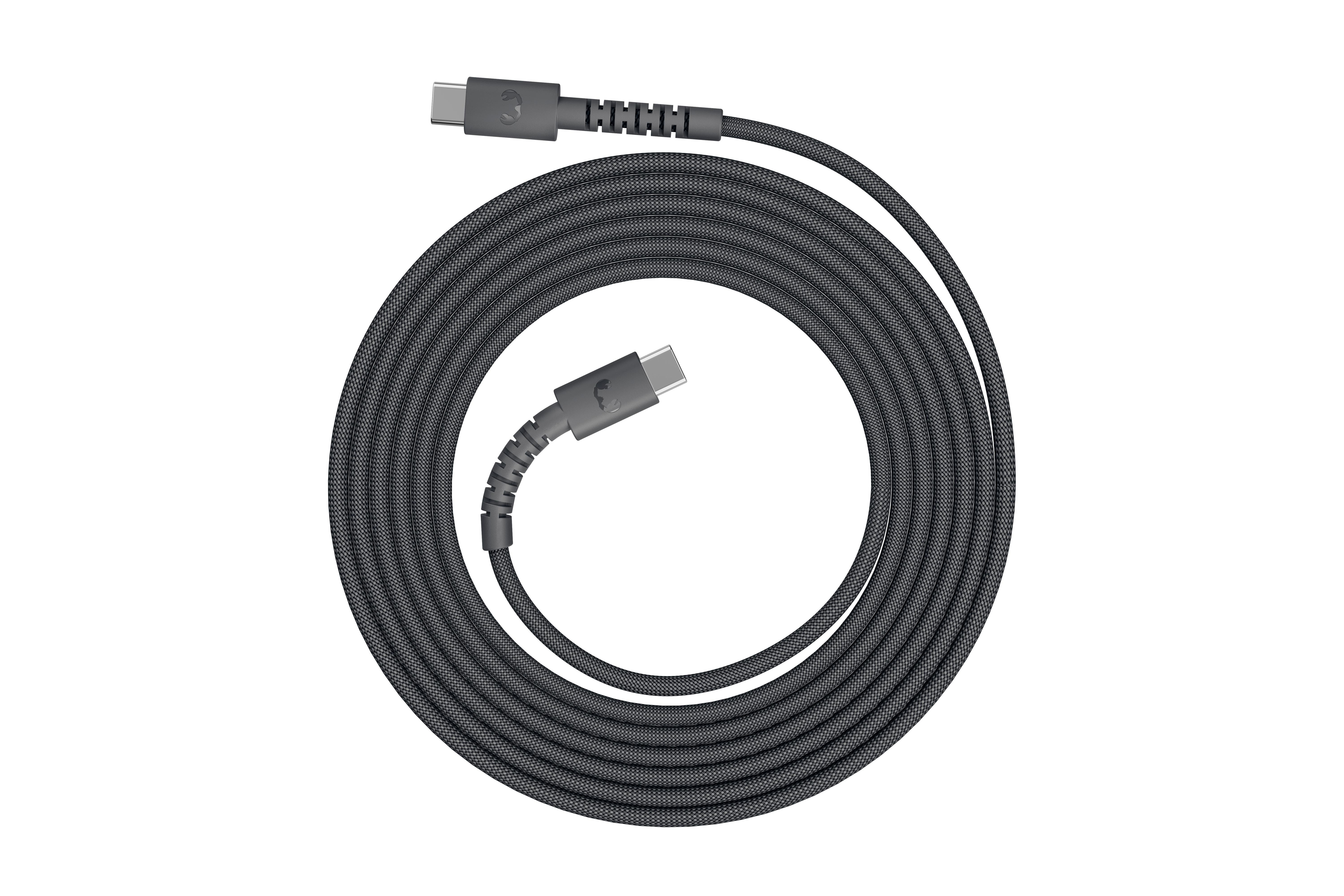 Ein graues USB-C-Kabel mit Stoffummantelung, aufgerollt.