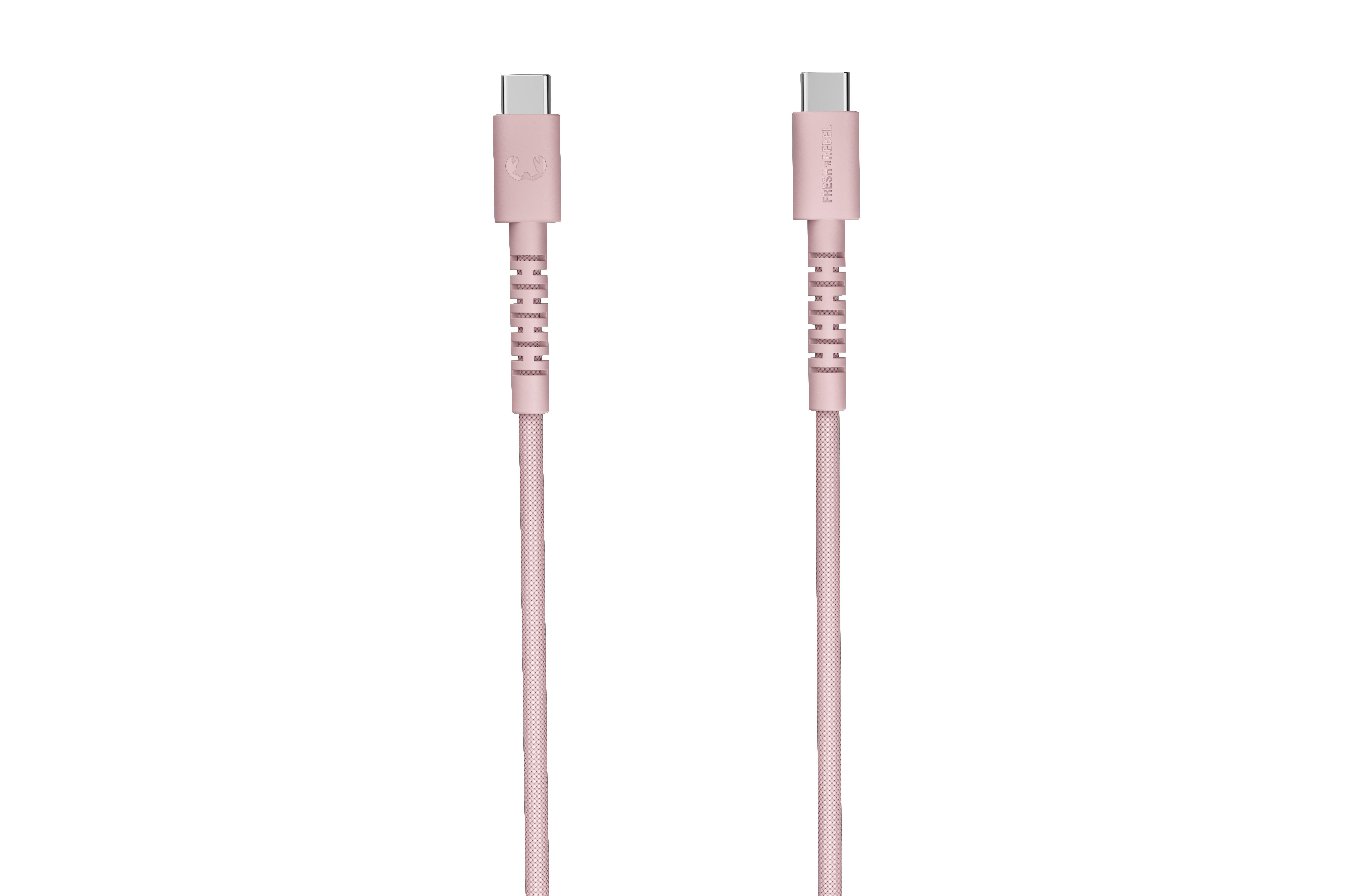Zwei rosafarbene USB-C-Kabel mit silbernen Anschlüssen auf weißem Hintergrund.