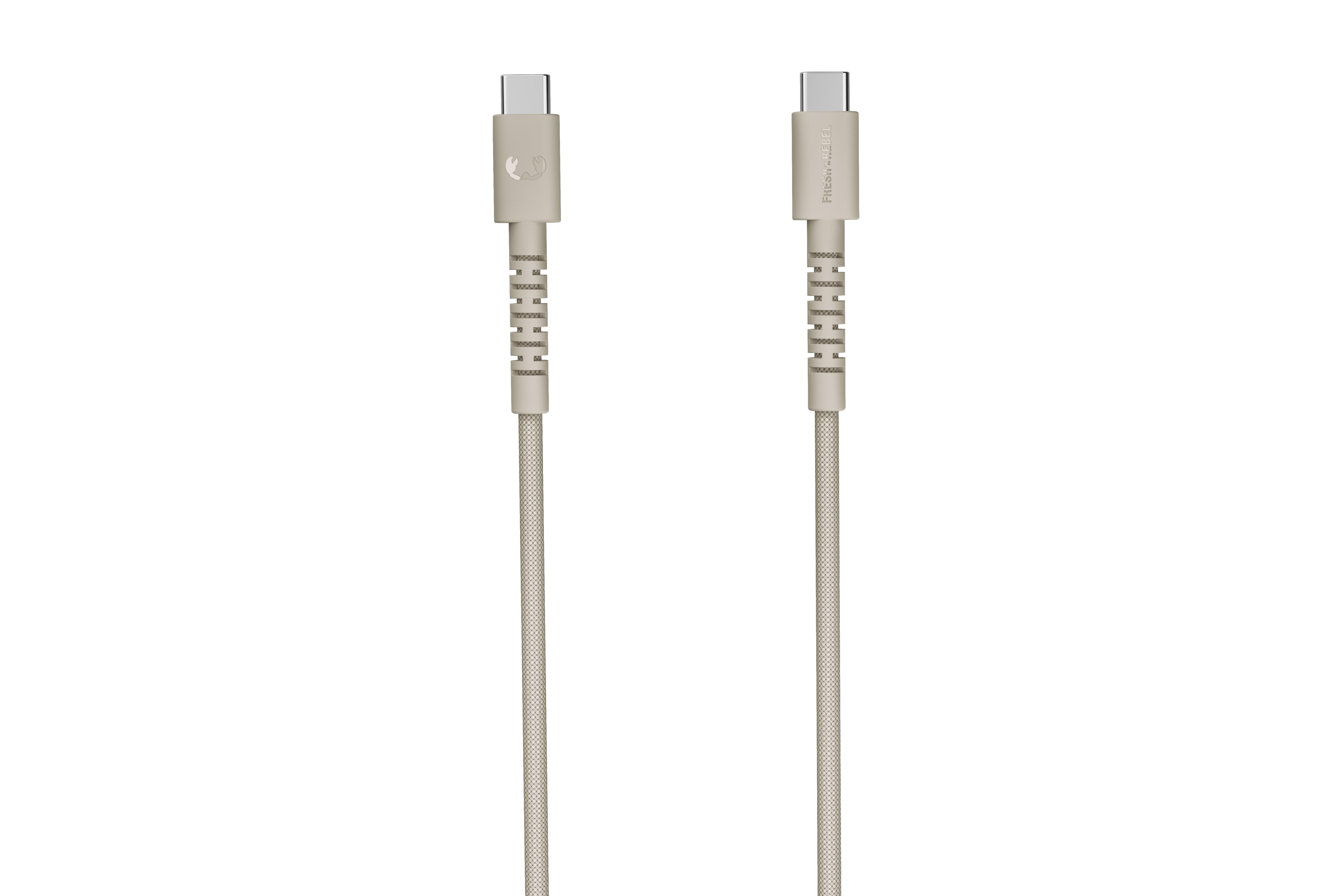 Zwei USB-C-Kabel in Beige mit metallischen Steckerenden und strukturiertem Kabelmantel.