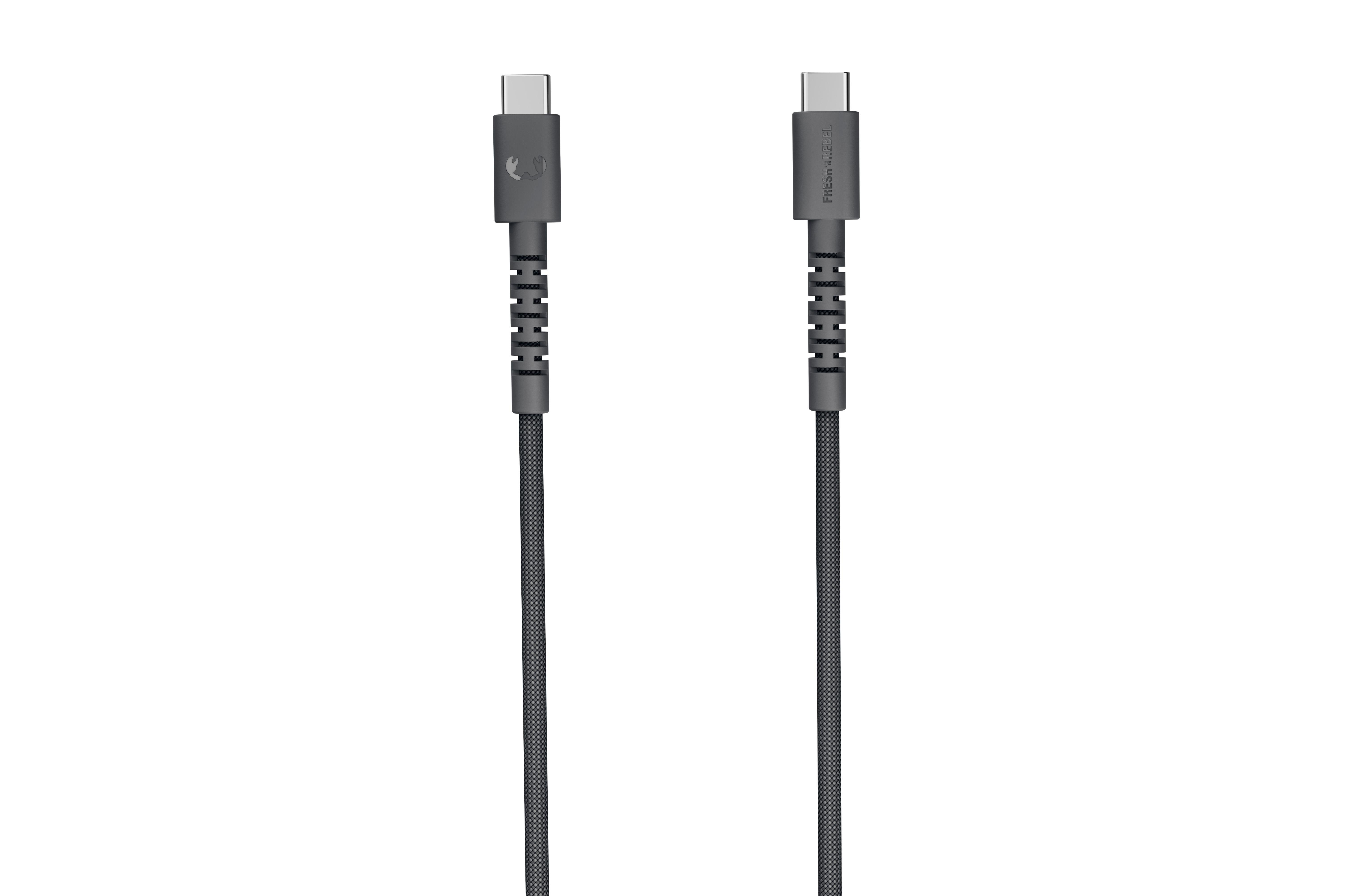 Zwei graue USB-C-Kabel mit Stoffummantelung, auf weißem Hintergrund.