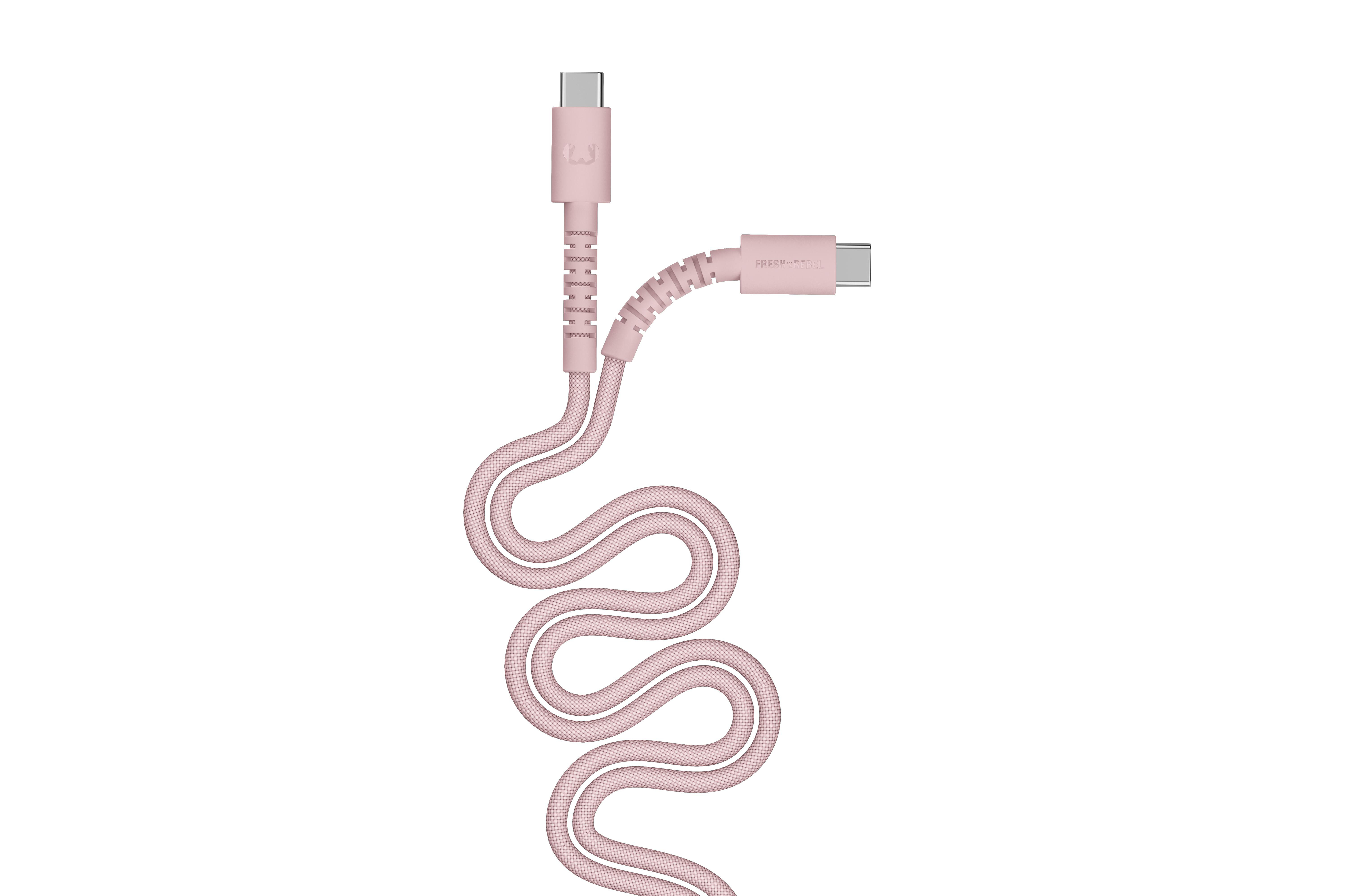 Ein rosafarbener USB-C-zu-USB-C-Kabel liegt geschlängelt auf weißem Hintergrund.