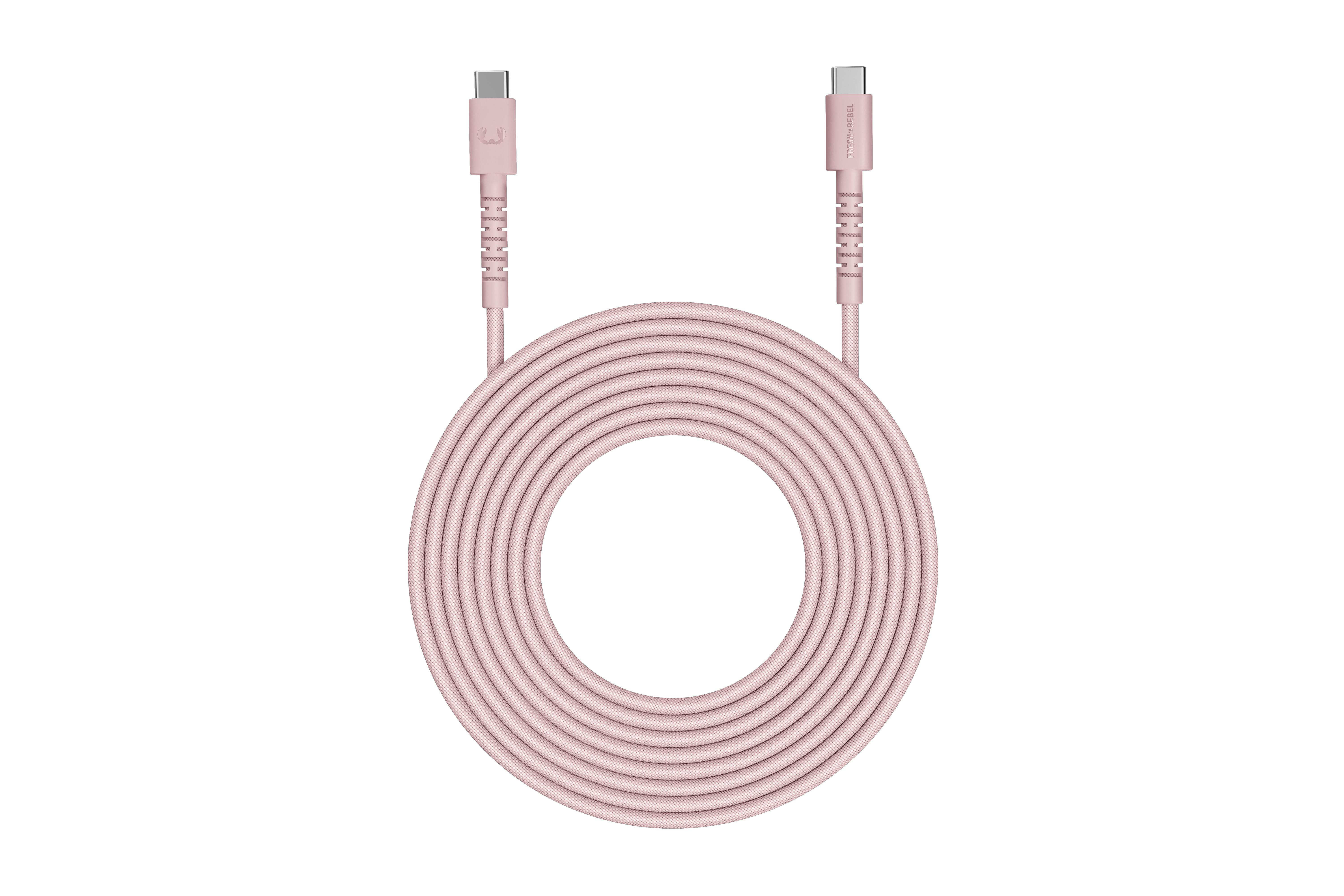 Ein rosa USB-C-Ladekabel mit geflochtenem Stoffmantel, aufgerollt.