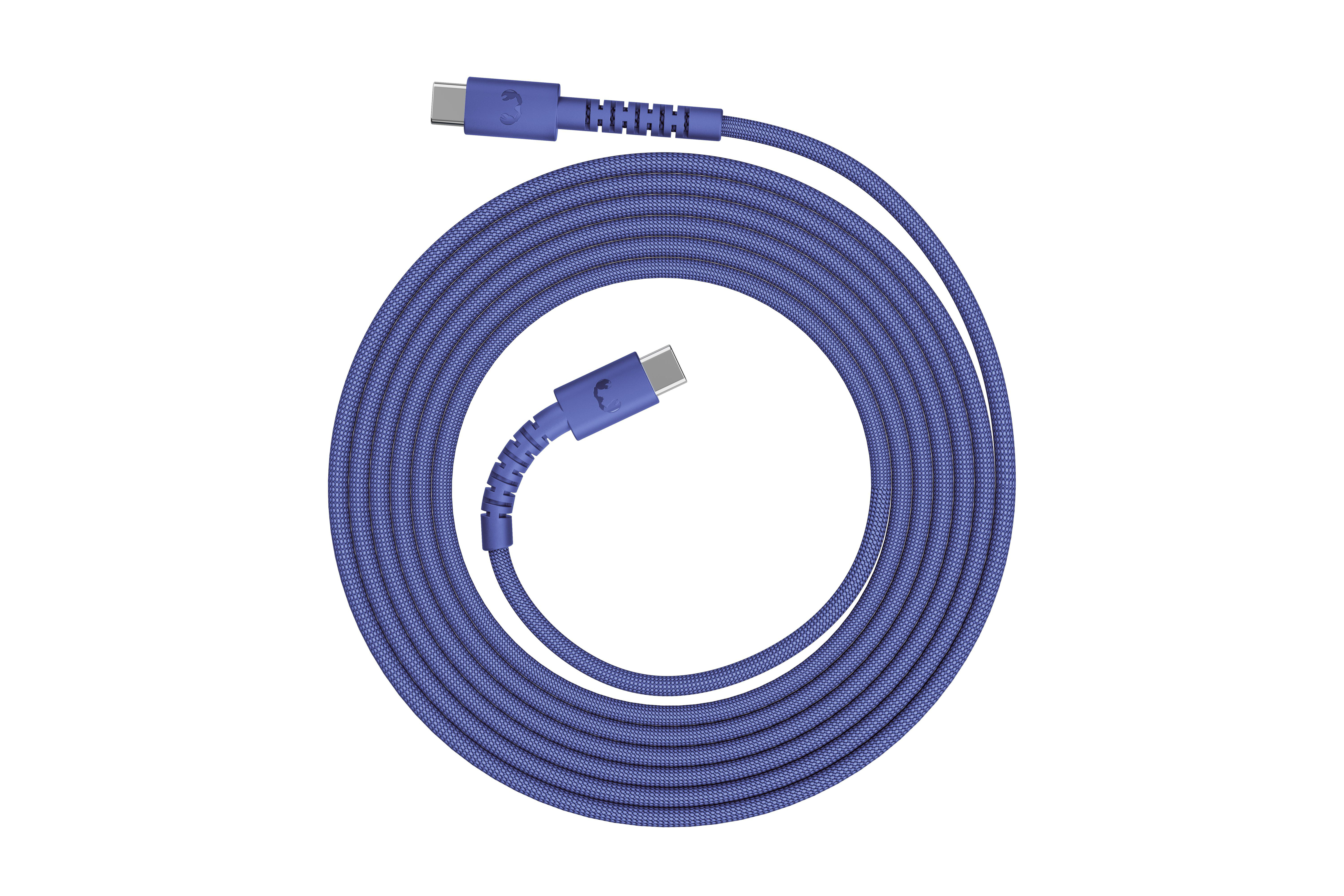 Ein aufgerolltes blaues USB-C-Kabel mit silbernen Steckern und kleinem Logo.