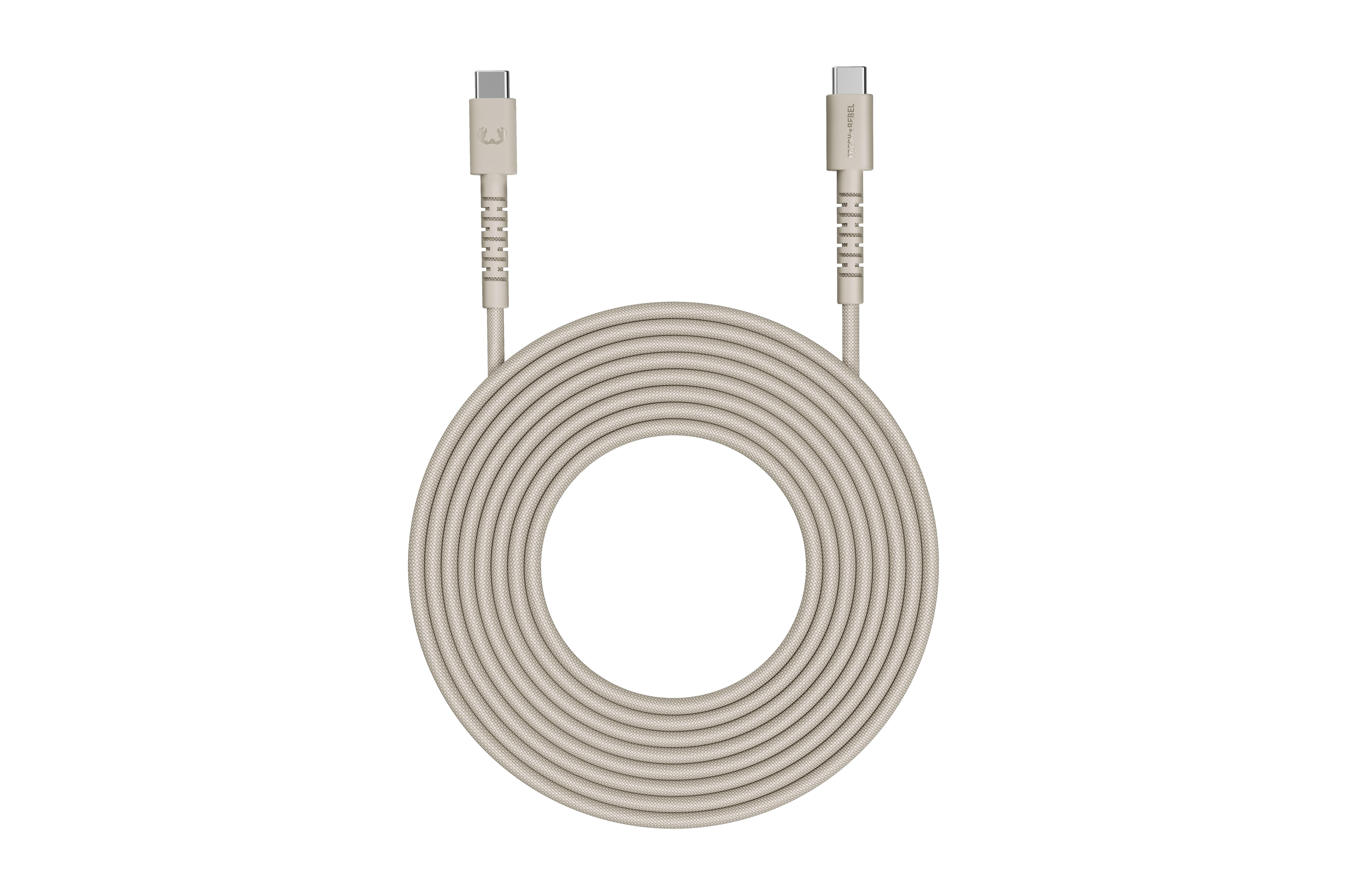 Ein beigefarbenes USB-C-Kabel, aufgerollt, mit beiden Anschlüssen sichtbar.