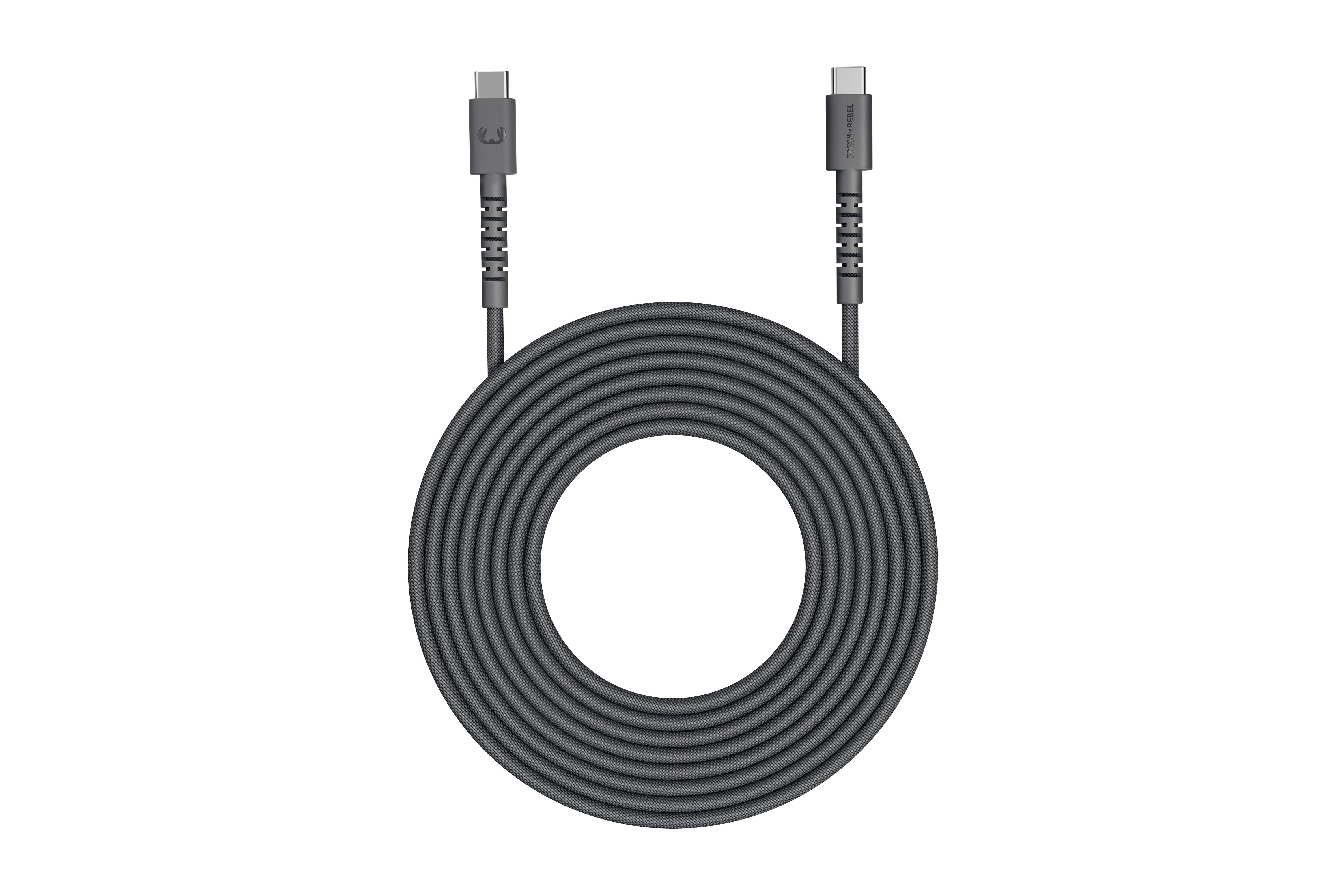 Ein graues USB-C-Kabel, aufgerollt mit zwei Anschlüssen.