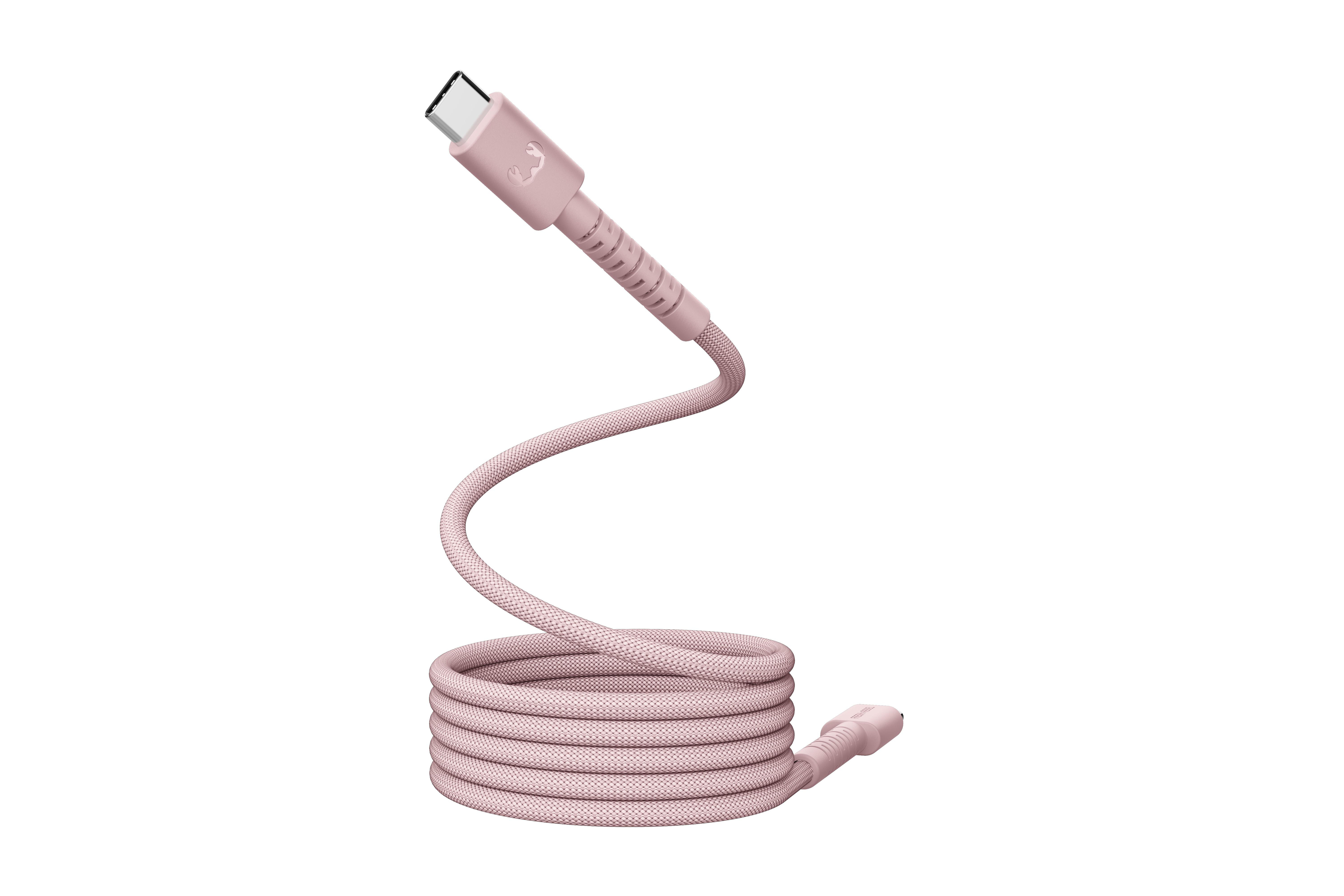 Ein rosafarbener USB-C-Ladekabel mit geflochtenem Stoffüberzug.