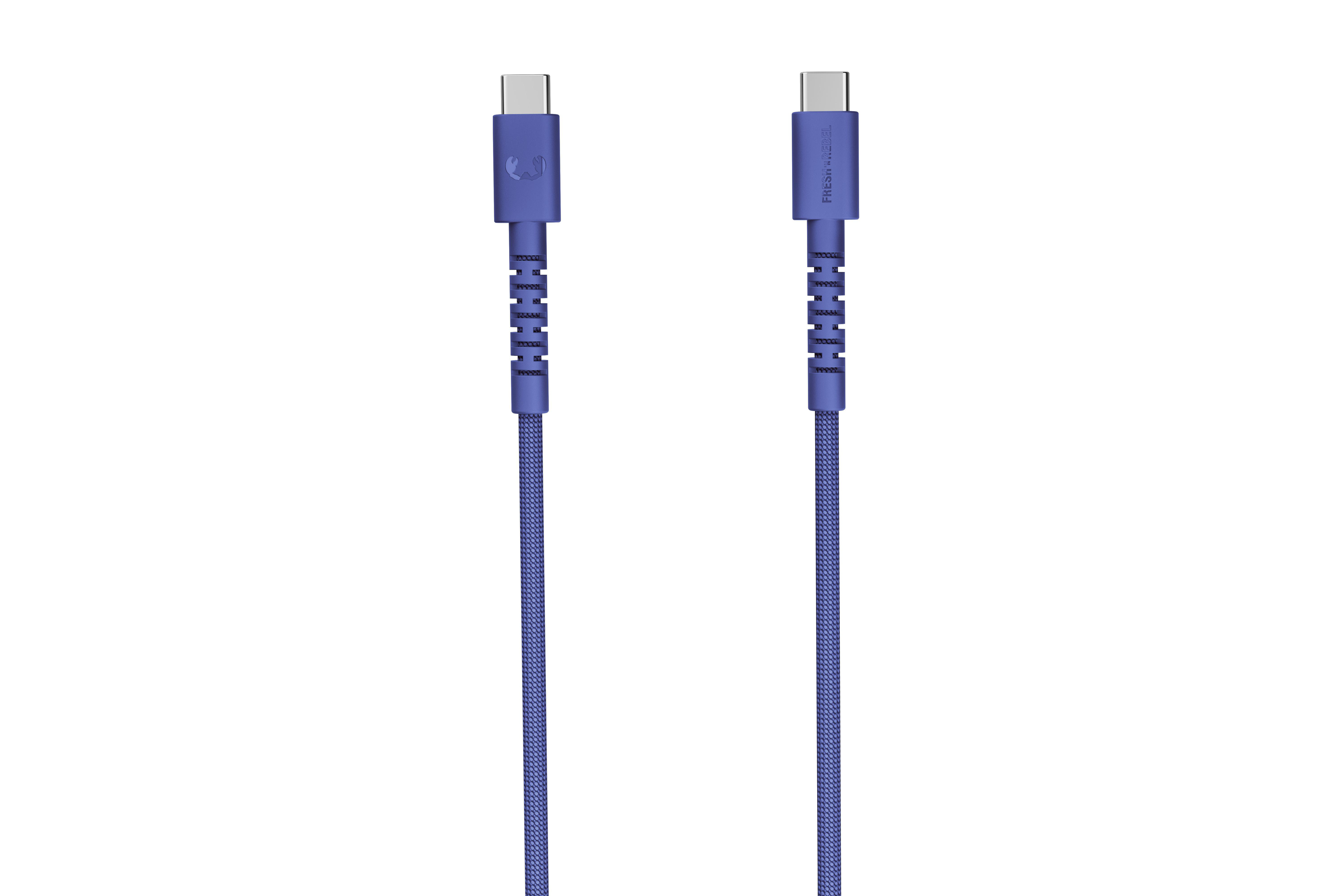 Zwei blaue USB-C-Kabel mit silbernen Anschlüssen, nebeneinander.