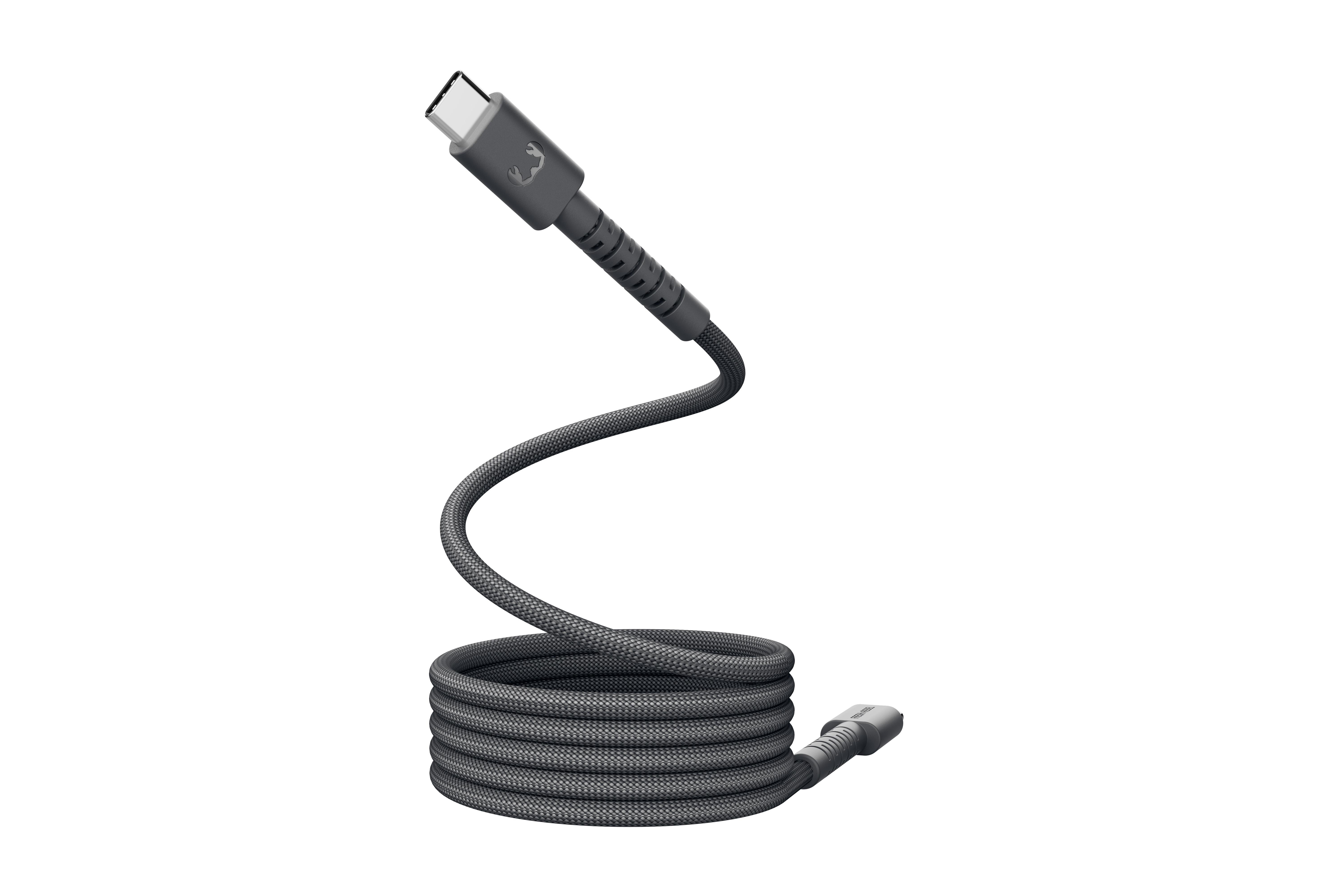 Ein graues USB-C-Kabel mit gewickeltem Kern und einem Stecker.