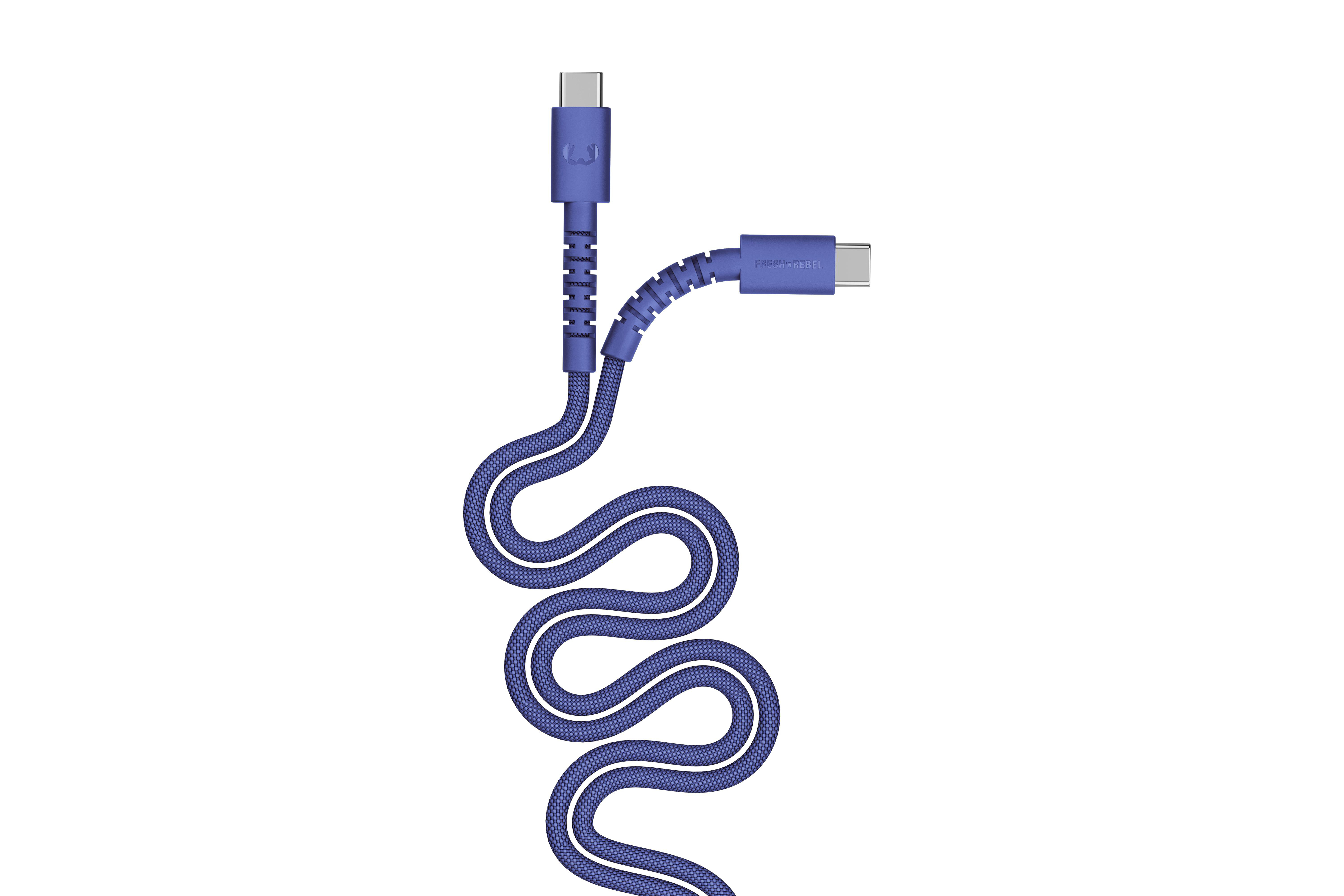 Ein blaues USB-C-Kabel mit zwei Anschlüssen auf weißem Hintergrund.