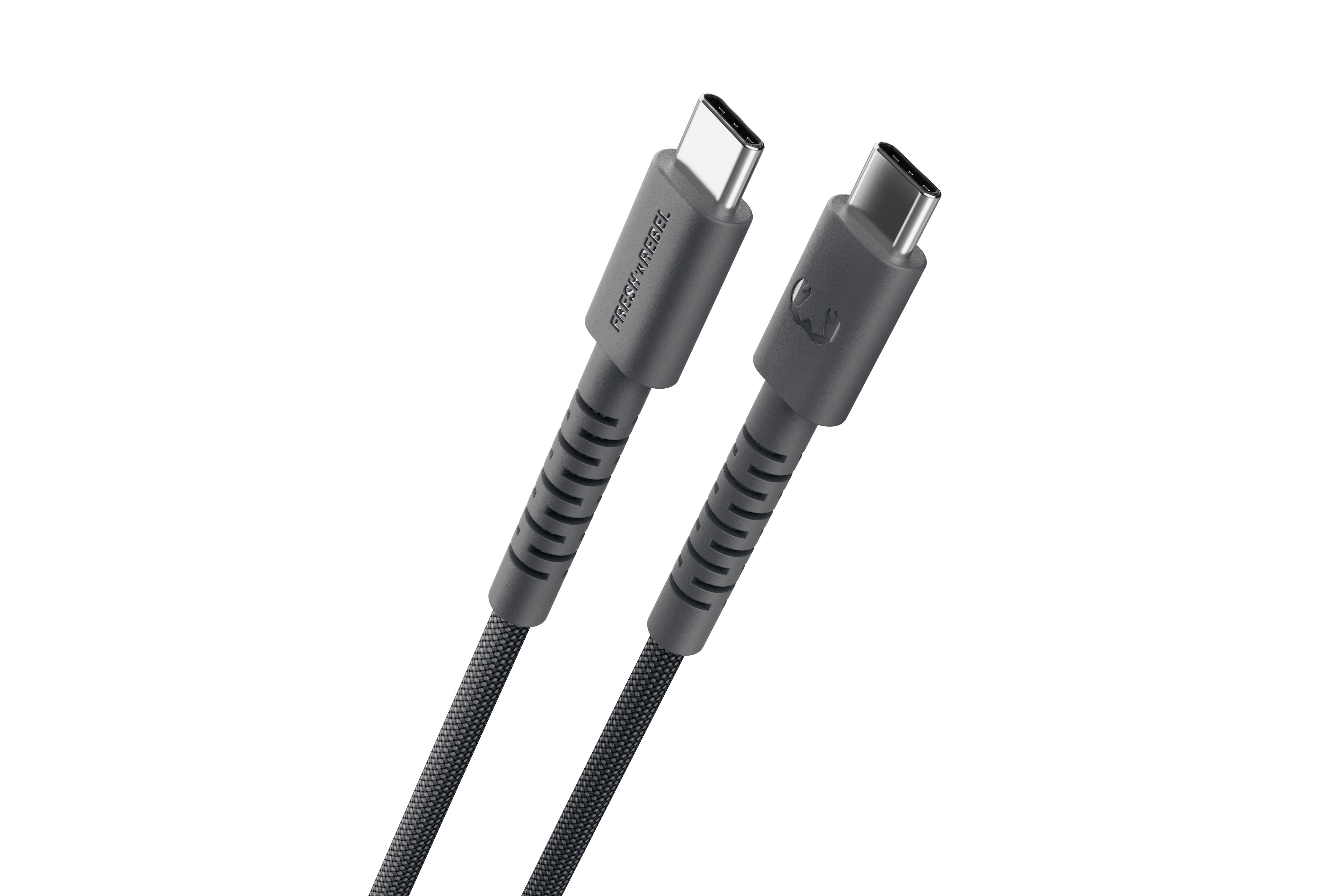 Zwei graue USB-C-Kabel mit geflochtenem Mantel, auf weißem Hintergrund.