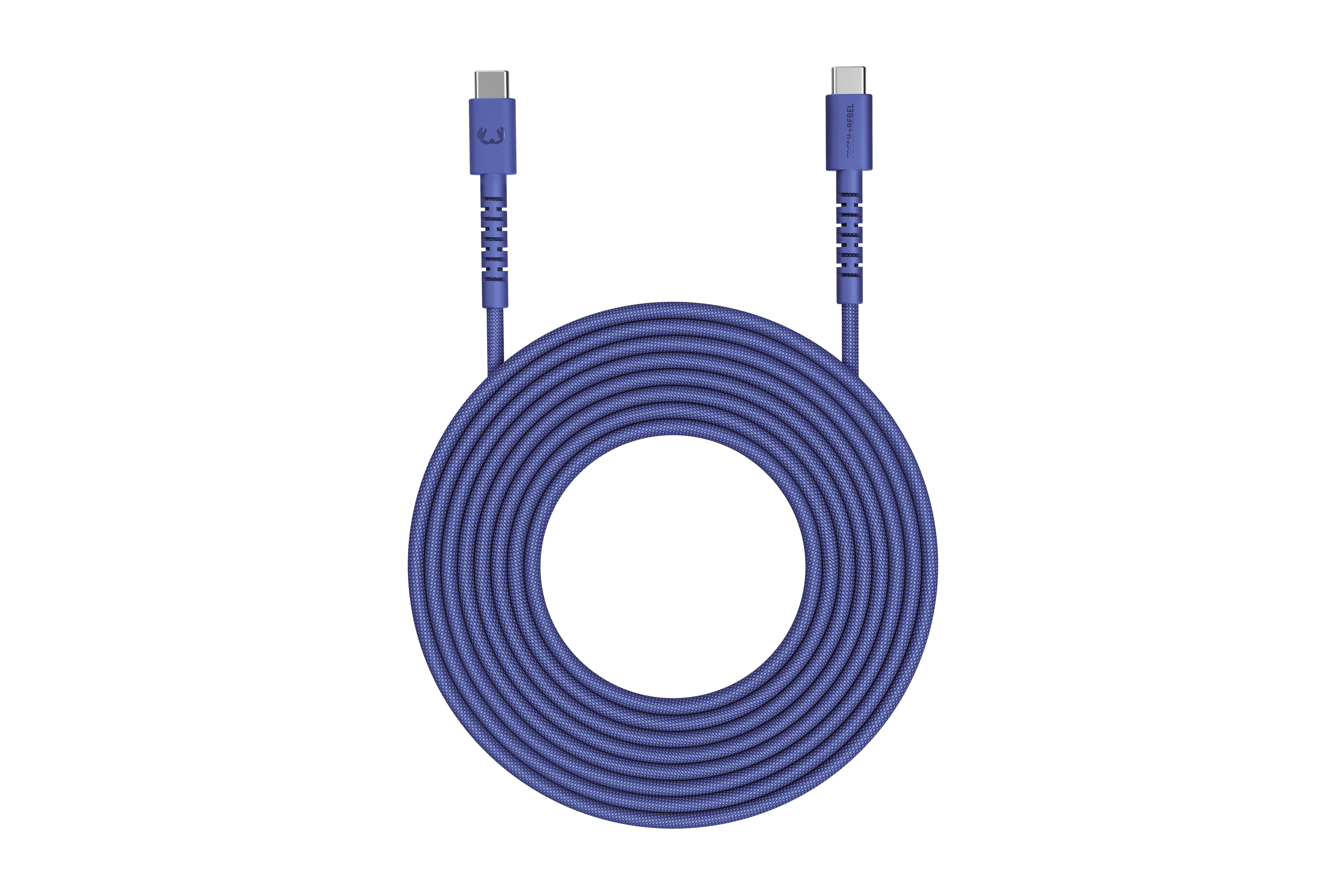 Ein blaues USB-C-Kabel, aufgerollt, mit zwei Anschlüssen.
