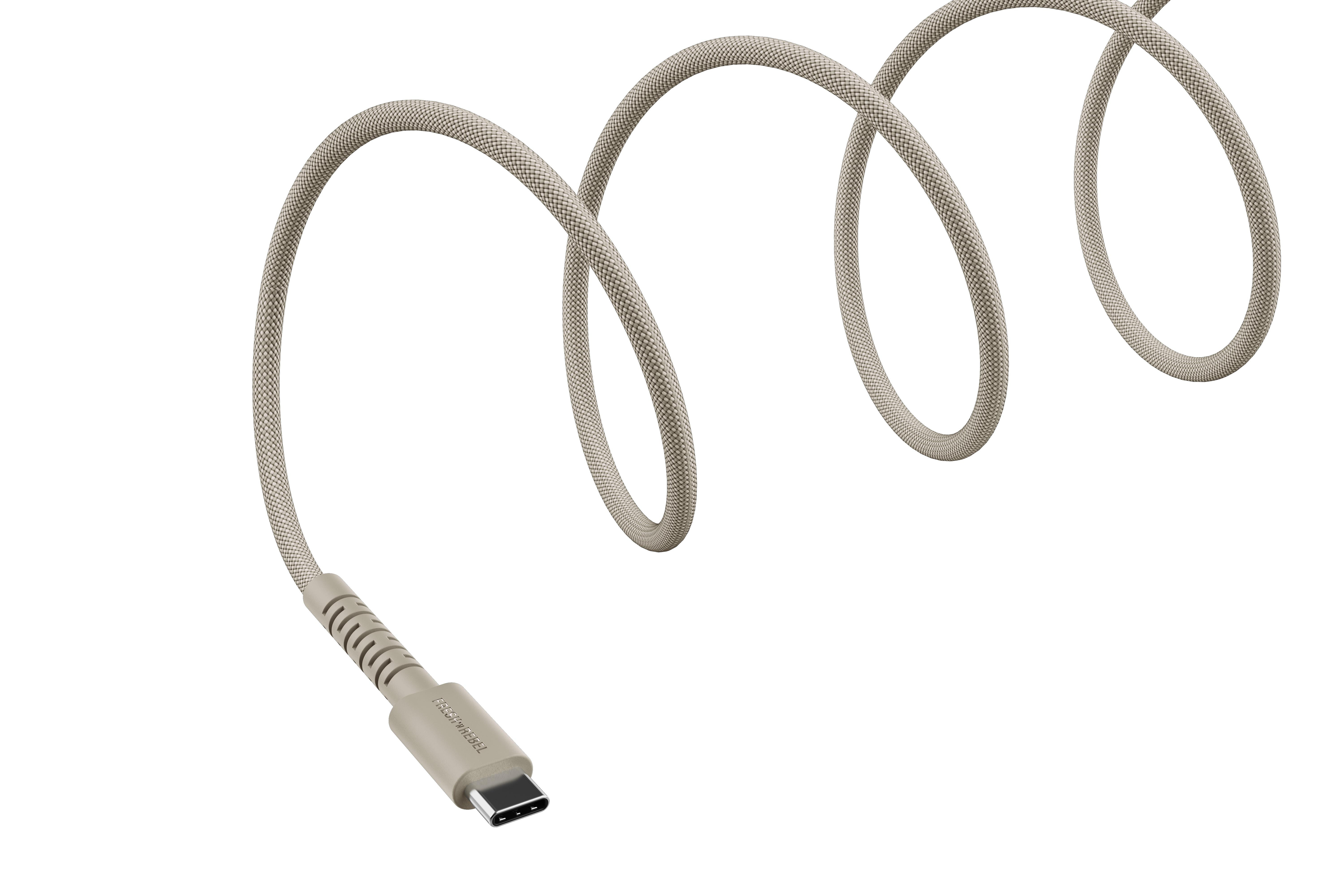 Ein graues USB-C-Kabel mit einem geflochtenen Stoffmantel, das sich spiralförmig windet.