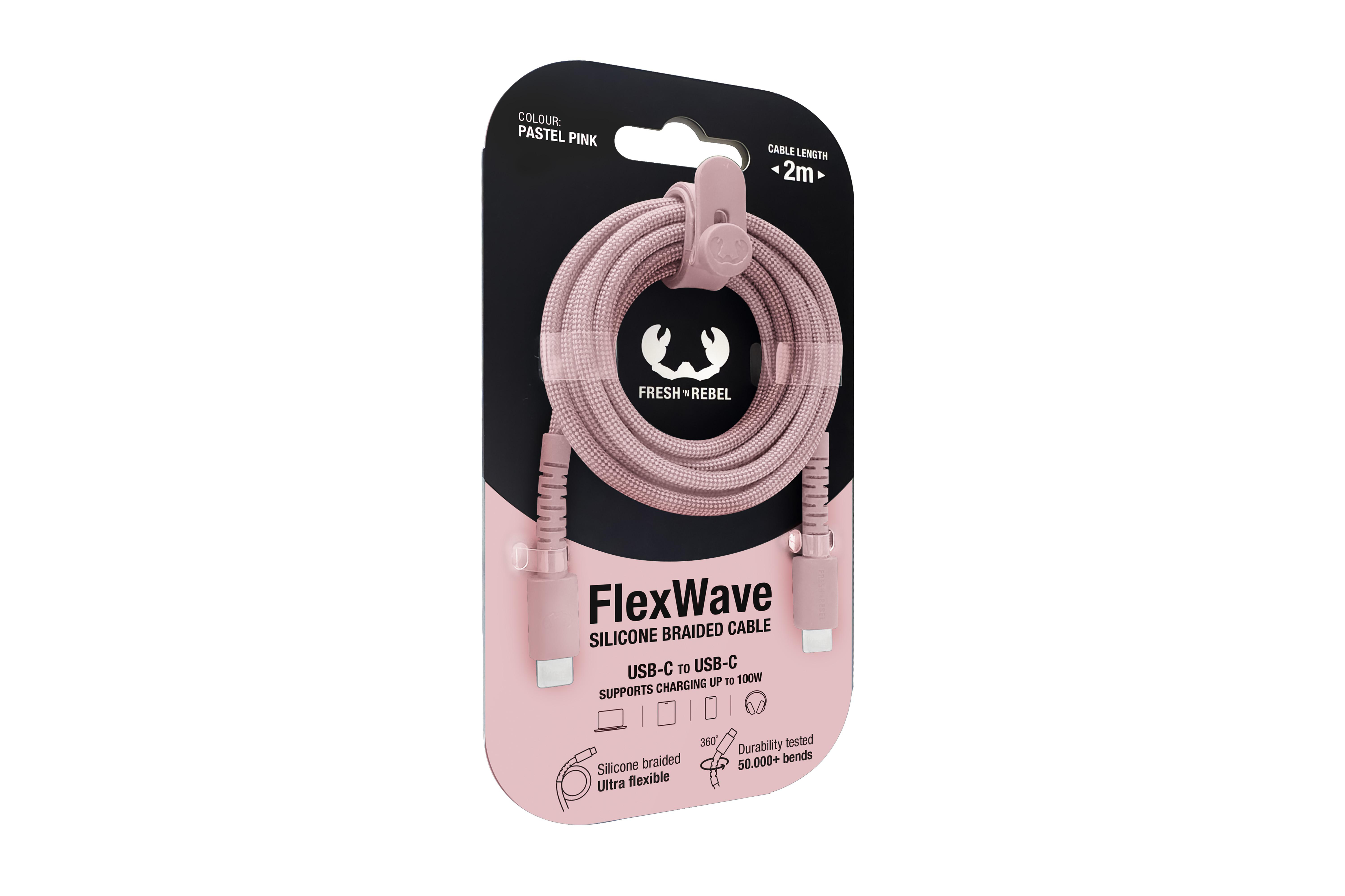 Verpackung mit einem rosafarbenen USB-C-zu-USB-C-Kabel, 2m lang.