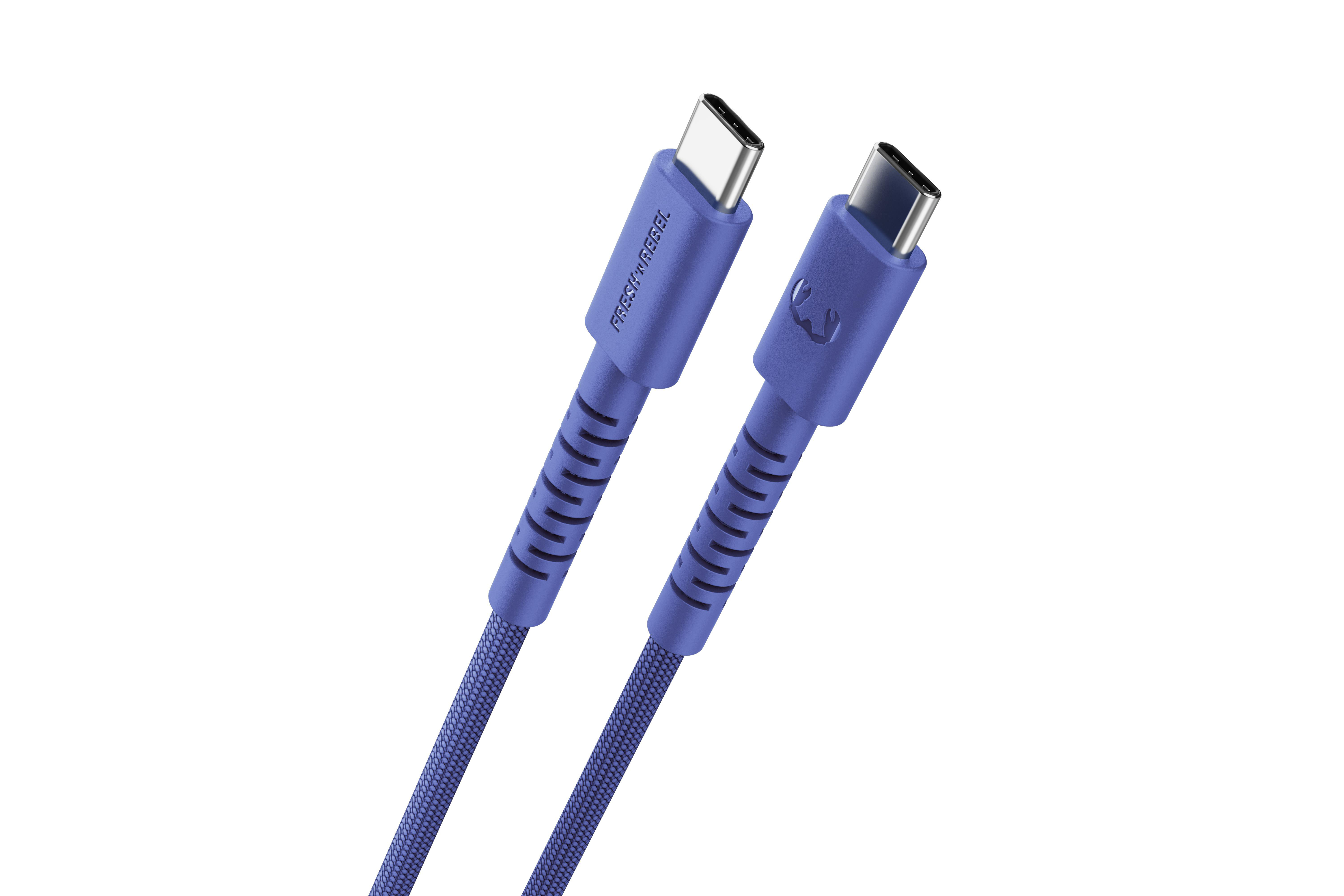 Zwei blaue USB-C-Kabel mit geflochtenem Stoffbezug und Metallsteckern.