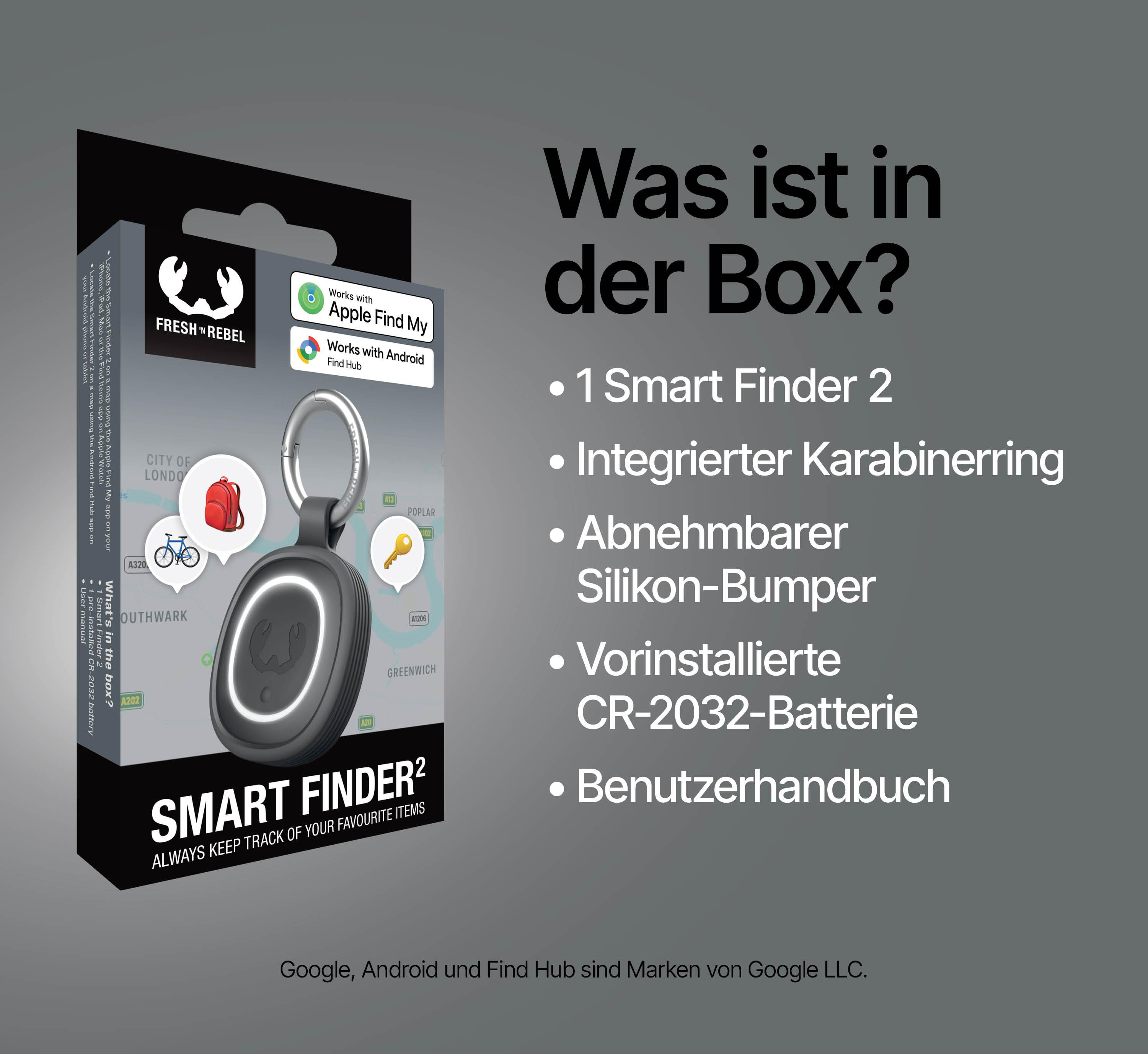 Packungsinhalt: Smart Finder 2, Karabiner, Silikonhülle, Batterie, Handbuch. Funktioniert mit Apple Find My.