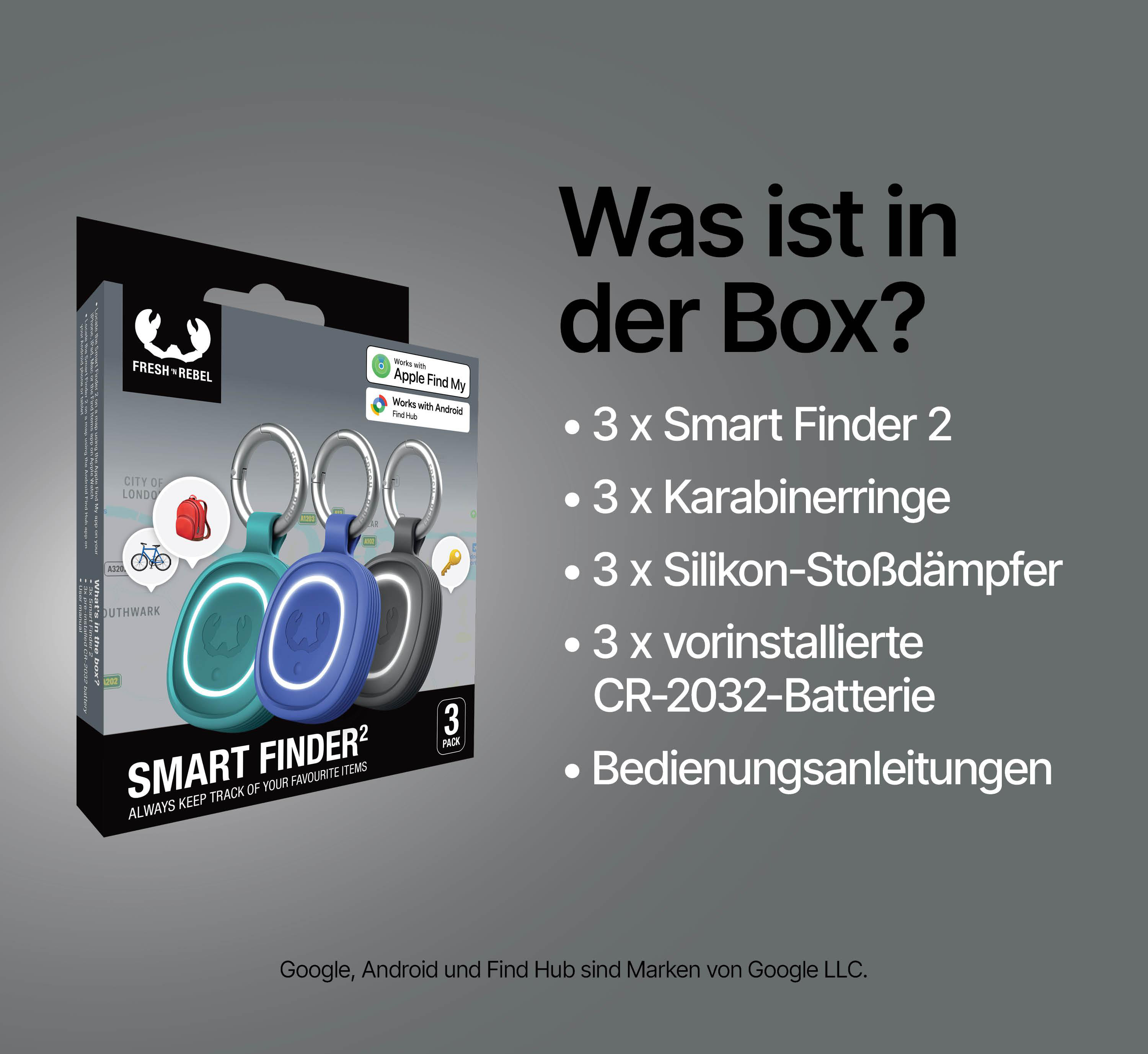 Verpackungsinhalt: 3 Smart Finder, 3 Schlüsselringe, 3 Silikonhüllen, 3 Batterien, Anleitungen.