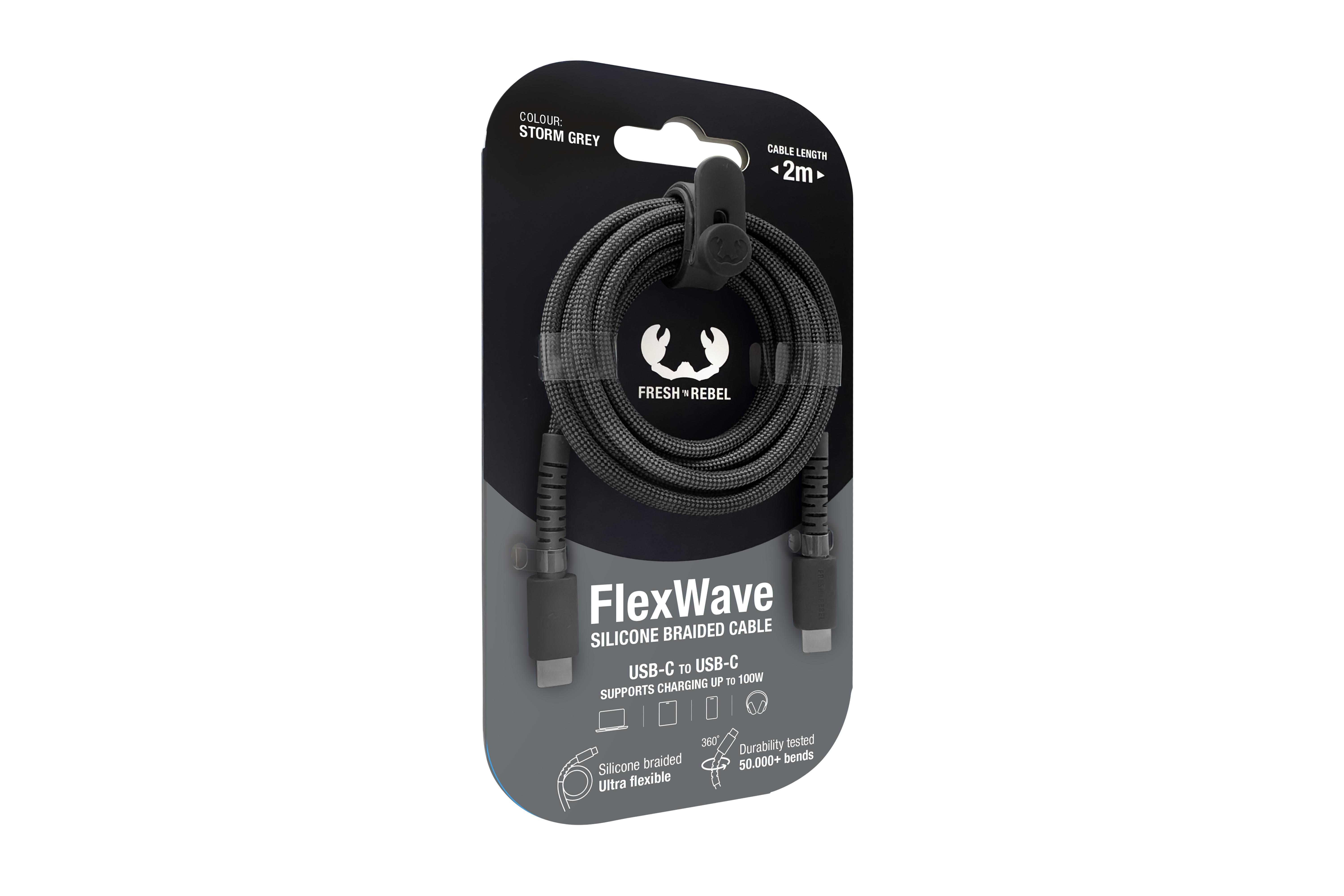 Graues FlexWave USB-C-Kabel mit 2m Länge in Verpackung.