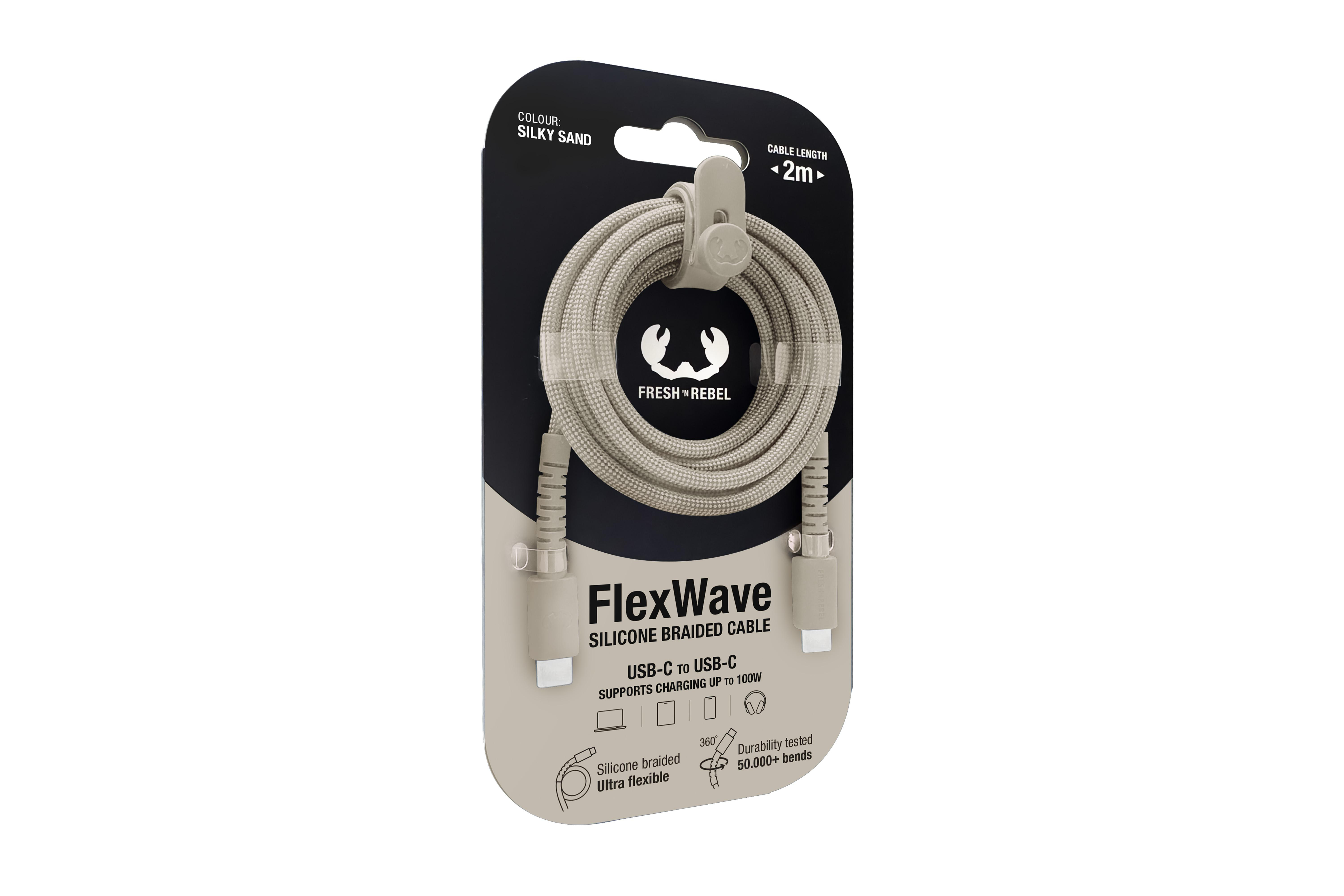 Sandfarbenes, geflochtenes USB-C-Kabel in Verpackung, 2m lang.
