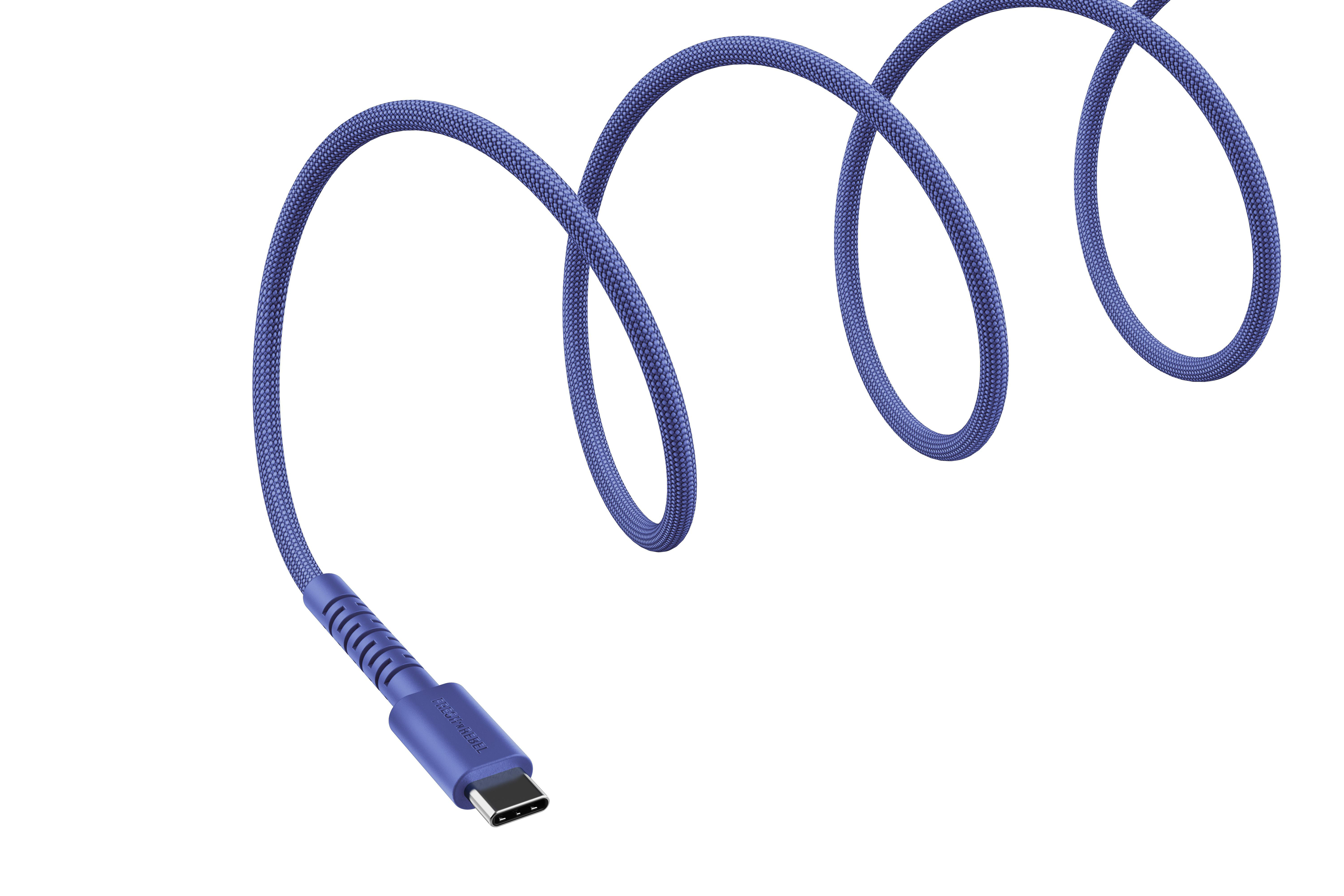 Ein blaues USB-C-Kabel mit Stoffummantelung, das sich spiralförmig windet.