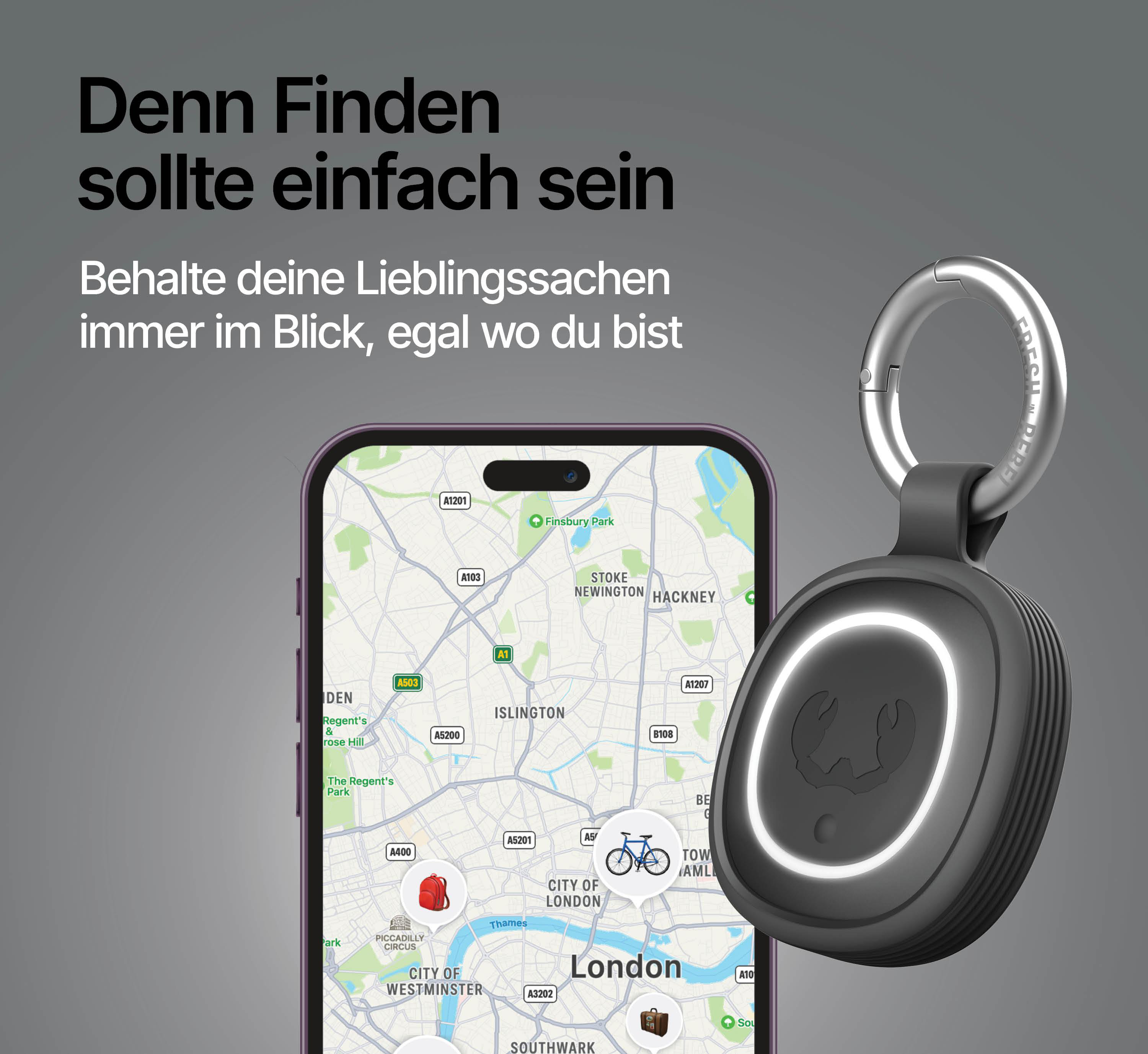 Ein Smartphone zeigt eine Karte von London. Daneben ein Tracker mit Licht.