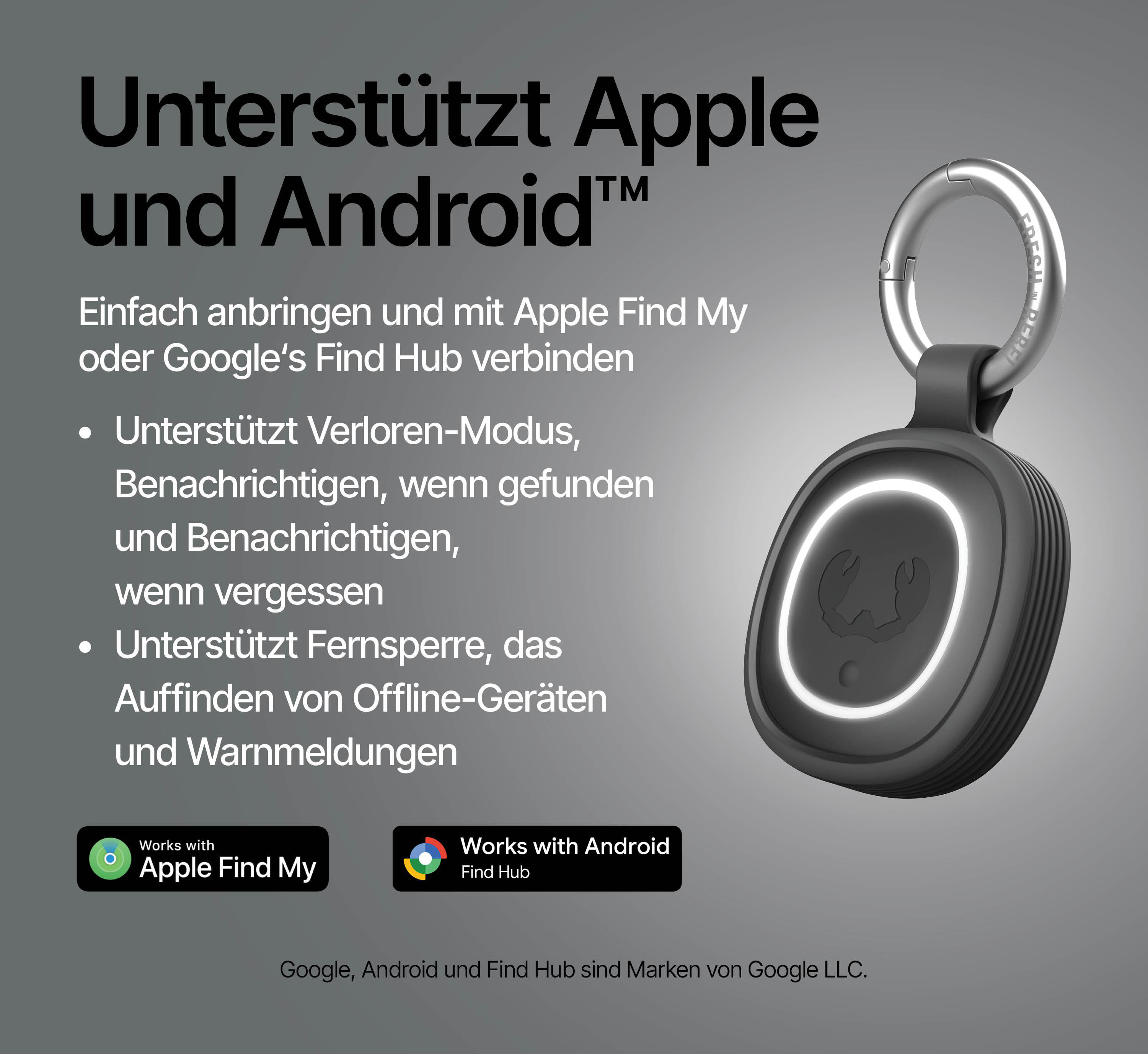 Ein schwarzer Tracker mit silbernem Schlüsselring, unterstützt Apple und Android.