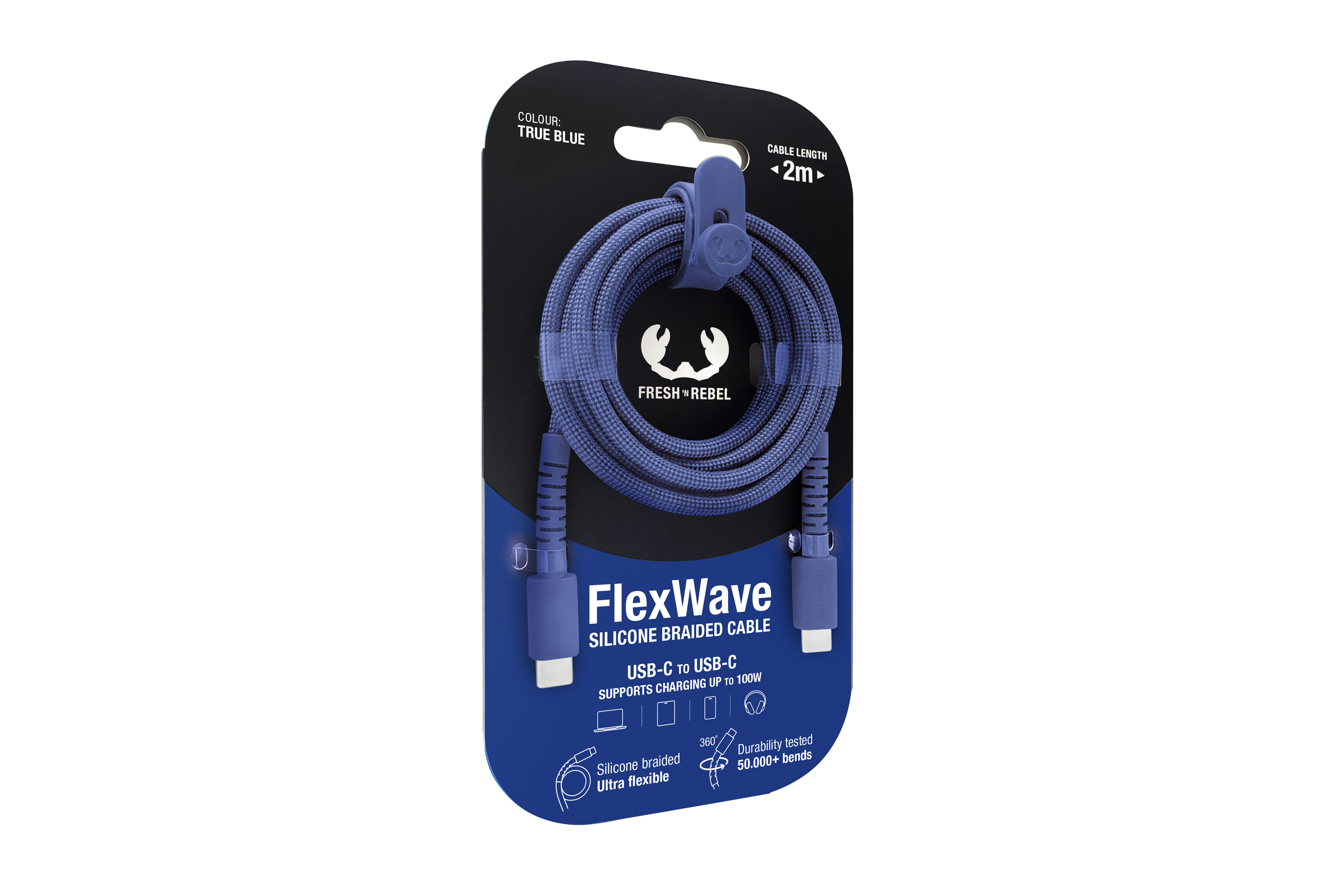 Verpackung eines blauen USB-C-zu-USB-C-Kabels von FlexWave.
