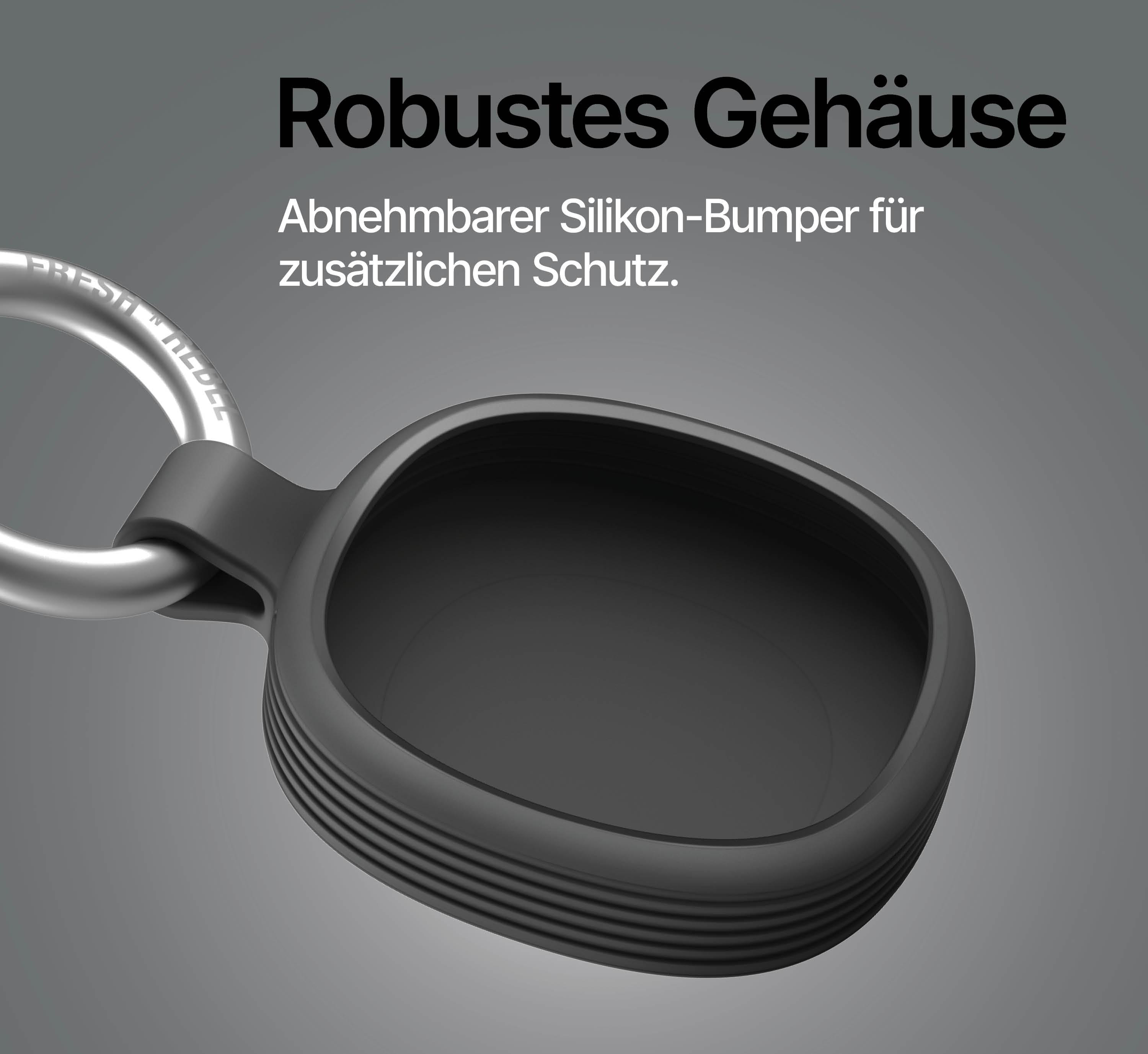 Eine schwarze Silikonhülle mit silbernem Ring auf grauem Hintergrund.