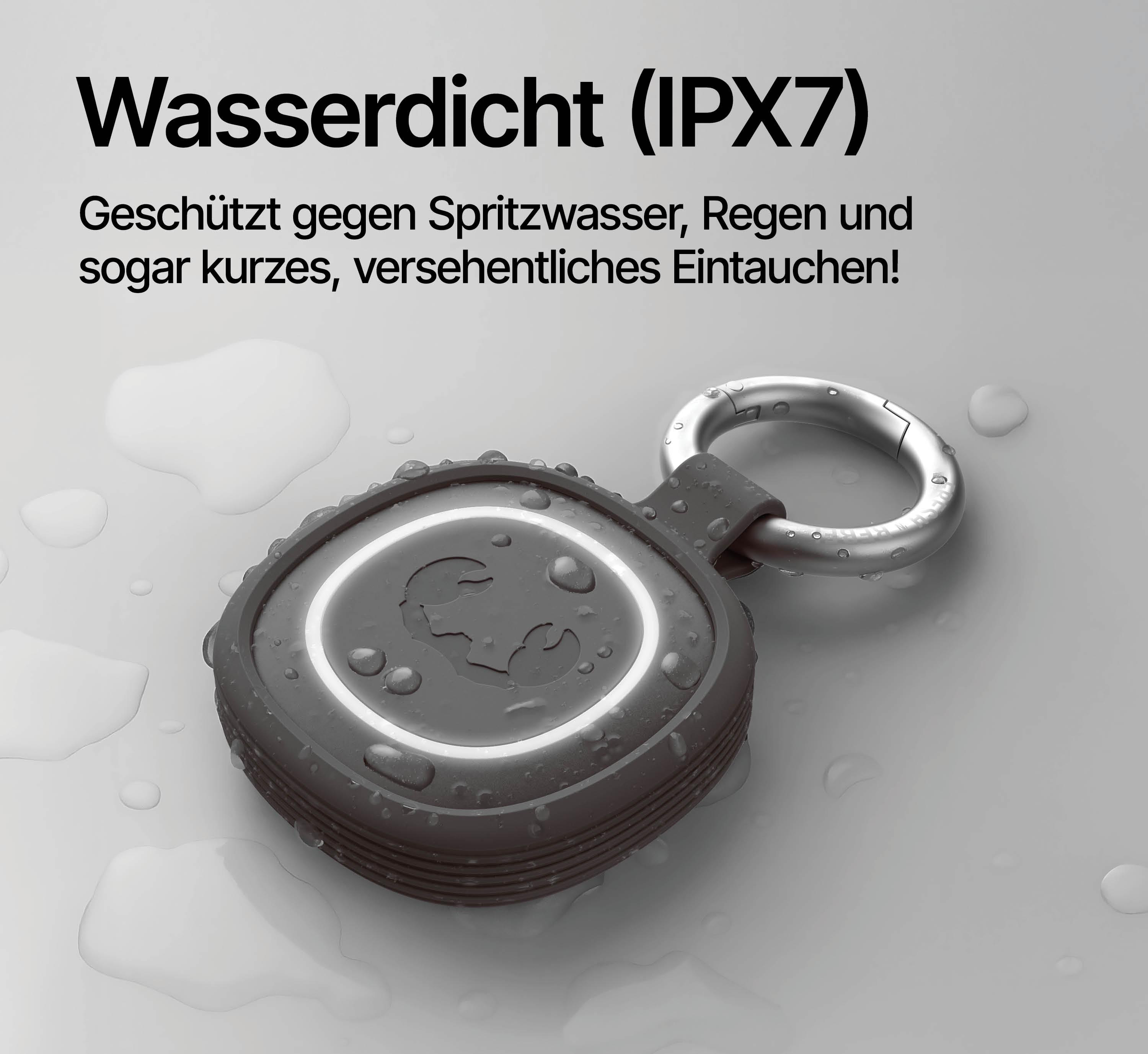 Ein graues, wasserdichtes Gerät mit einem Anhänger und Wassertropfen.