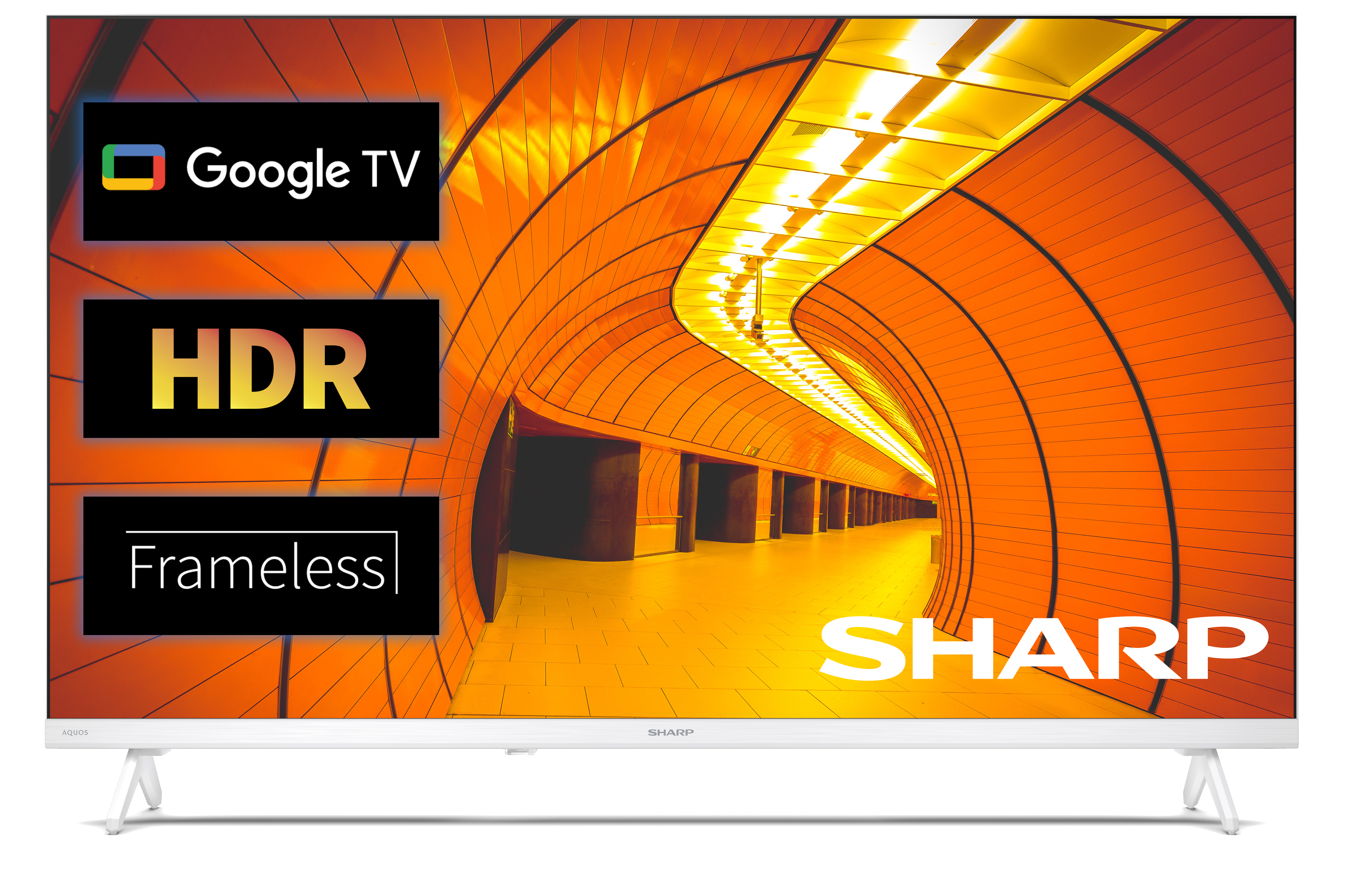 Biały telewizor z Google TV, HDR i bezramkowym designem.