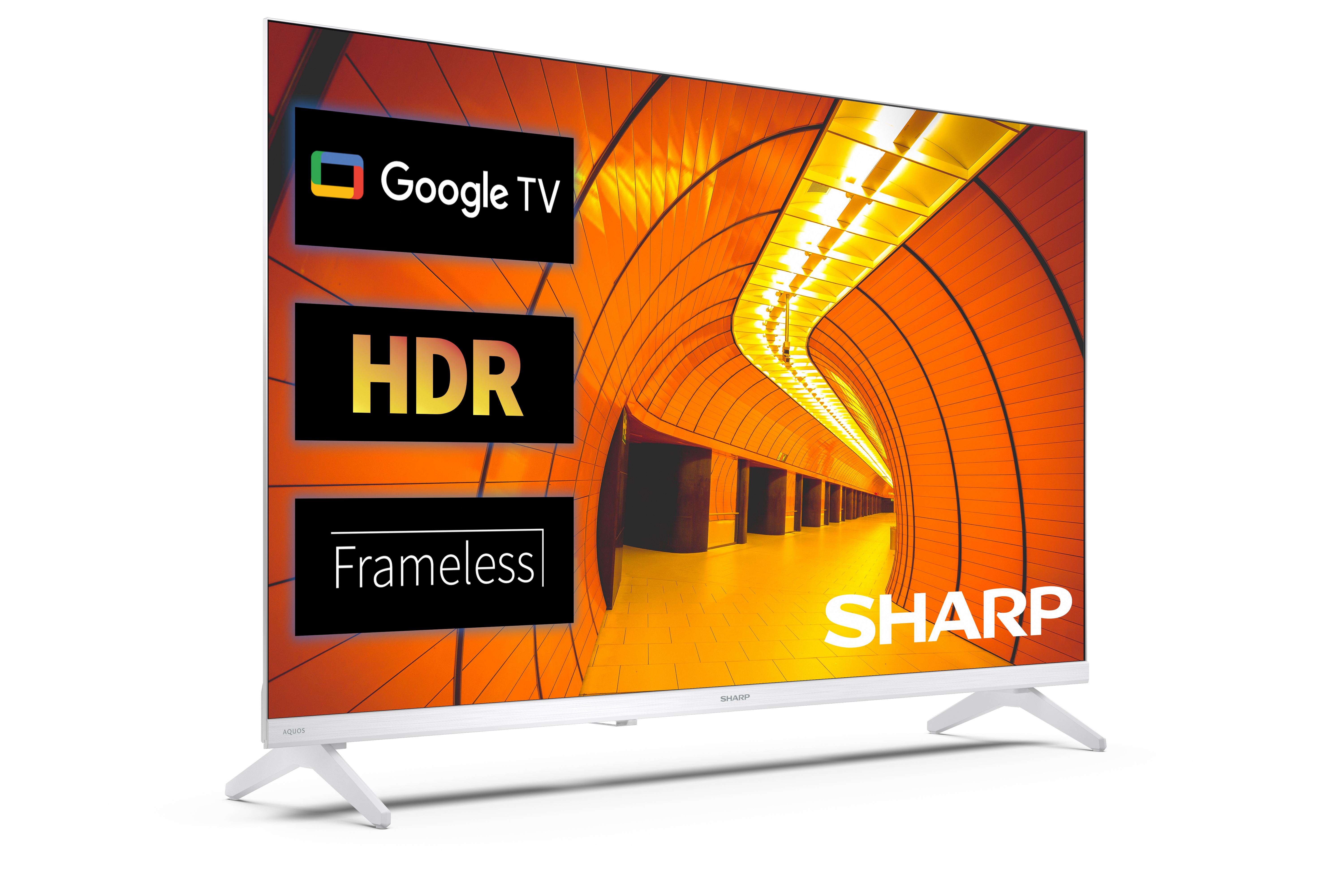 Biały telewizor wyświetla pomarańczowo-żółty tunel z Google TV, HDR i Frameless.
