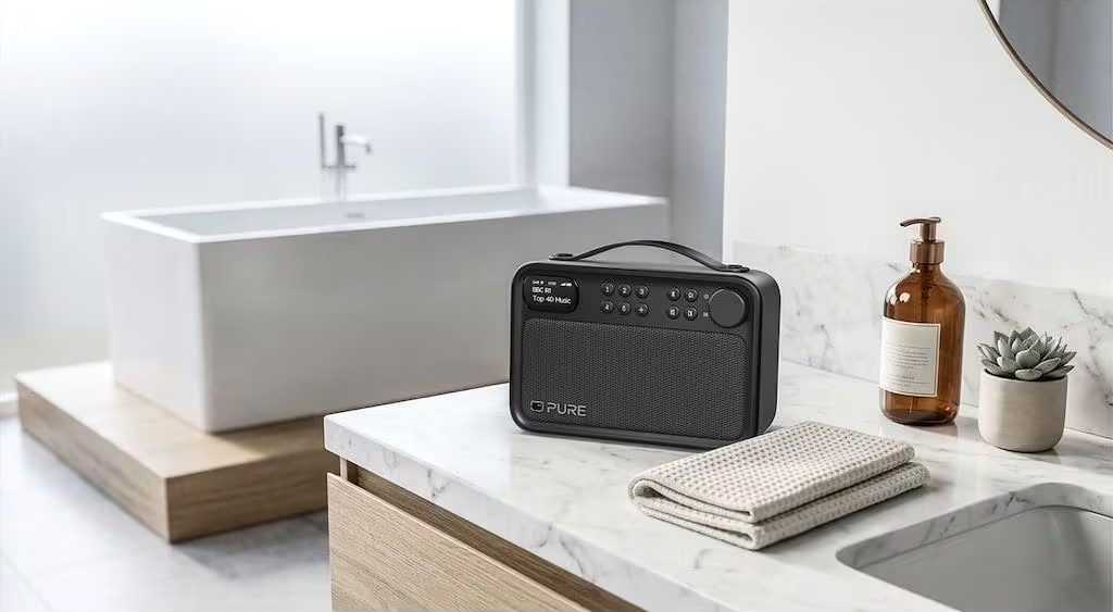 Une radio numérique noire sur un comptoir en marbre, près d'un distributeur et d'une plante.