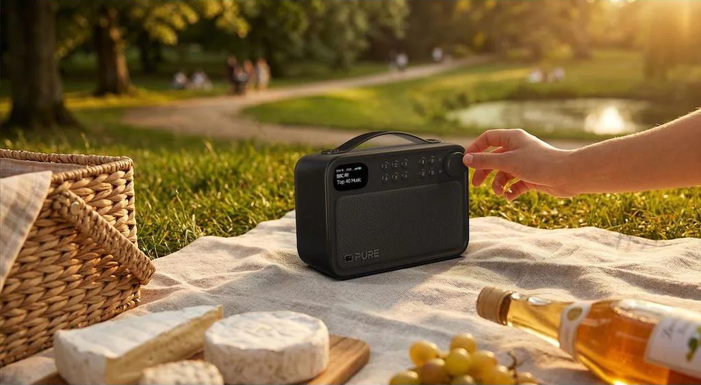 Une personne tourne le bouton d'une radio noire sur une couverture de pique-nique dans un parc.