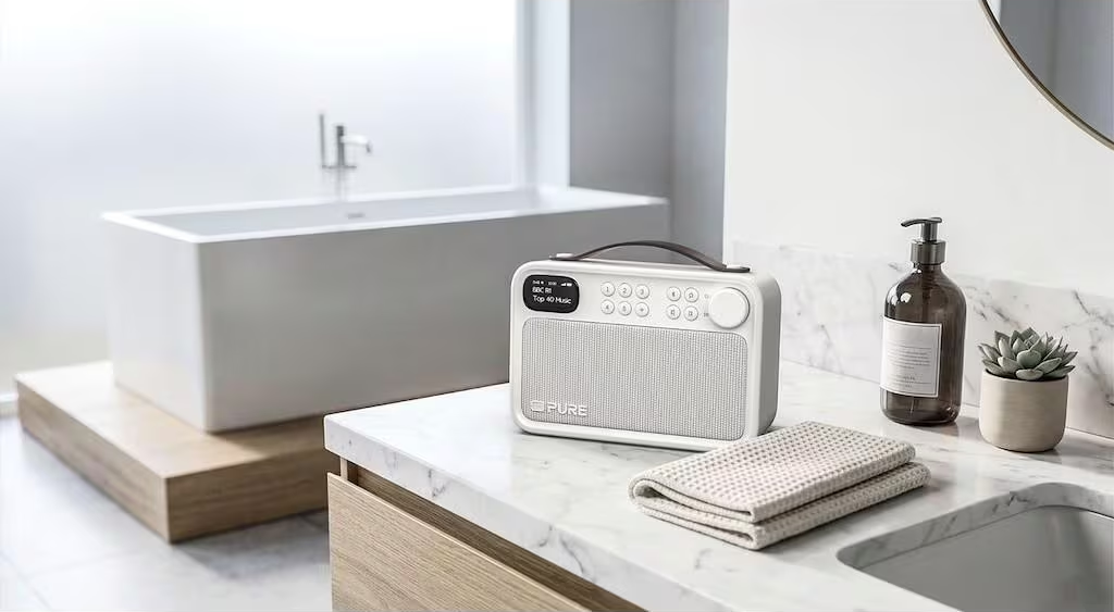 Une radio de salle de bain blanche est posée sur un comptoir en marbre à côté d'un distributeur de savon et d'une plante.